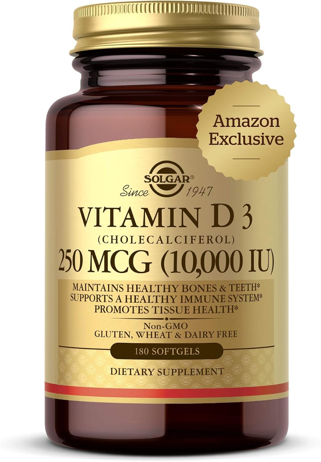 Solgar Vitamin D3 Cholecalciferol 250 MCG 1000 IU, 60 Tablets, Gluten Free