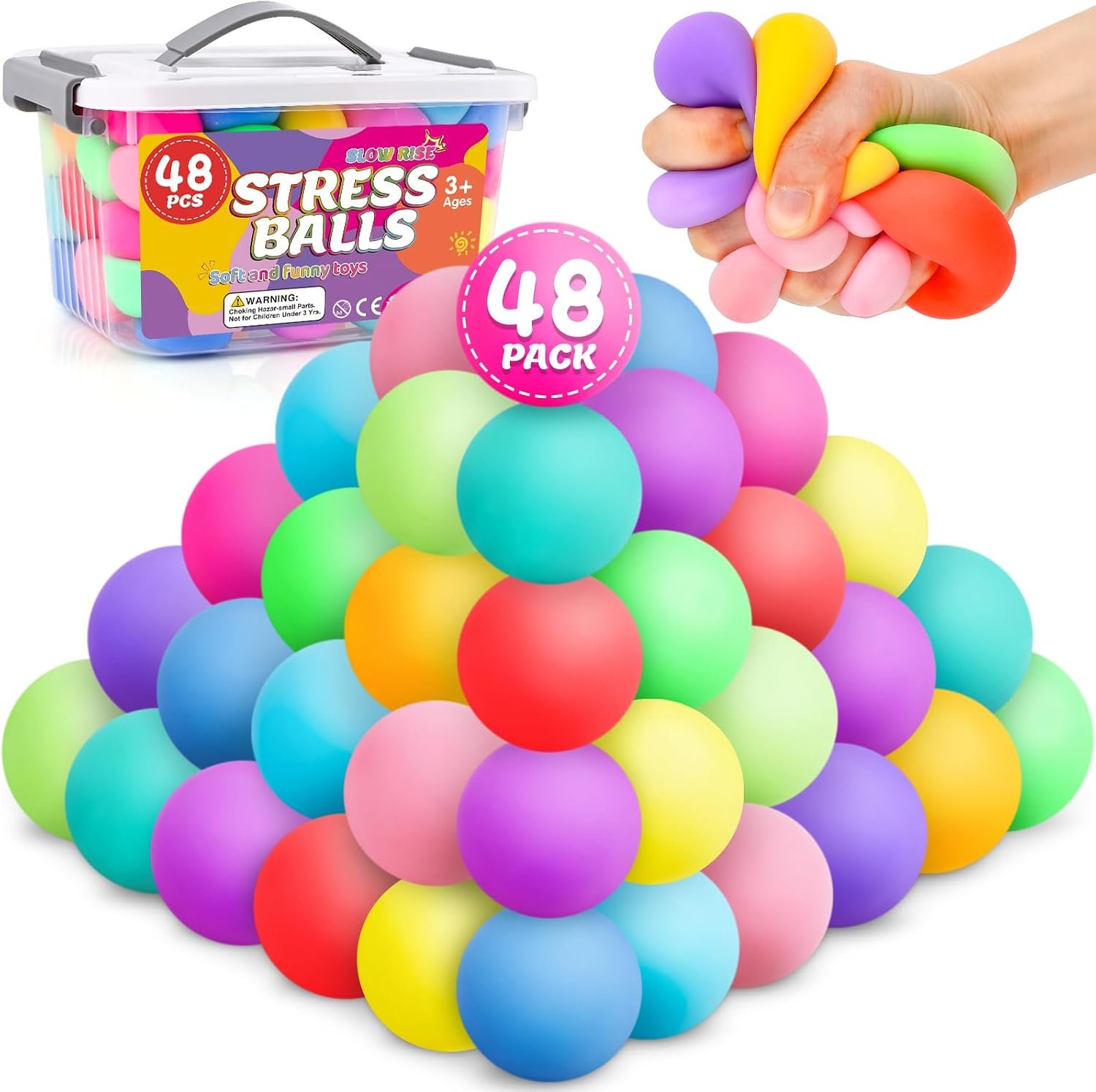 48 Pack Slow Rising Stress Ball,Stress Balls for Kids Adults,Stretchy Fidget Toys for Anxiety Relief,Hand Therapy Sensory Squishy Ball,Squishy Toys,Treasure Prize Box Toys for Kids Classroom