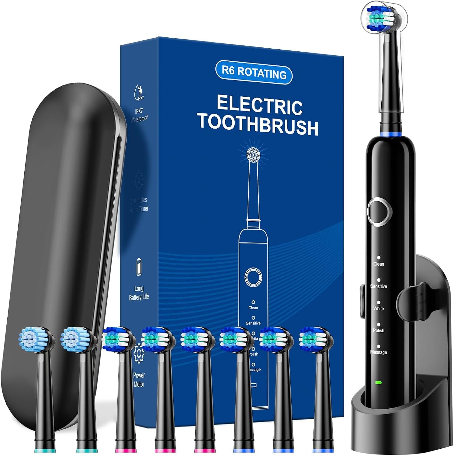 Electric Toothbrush for Adults, 8 Brush Heads (2 Types) & Travel Case, 5 Cleaning Modes Rechargeable Power Toothbrush with 2-Minute Smart Timer, Black