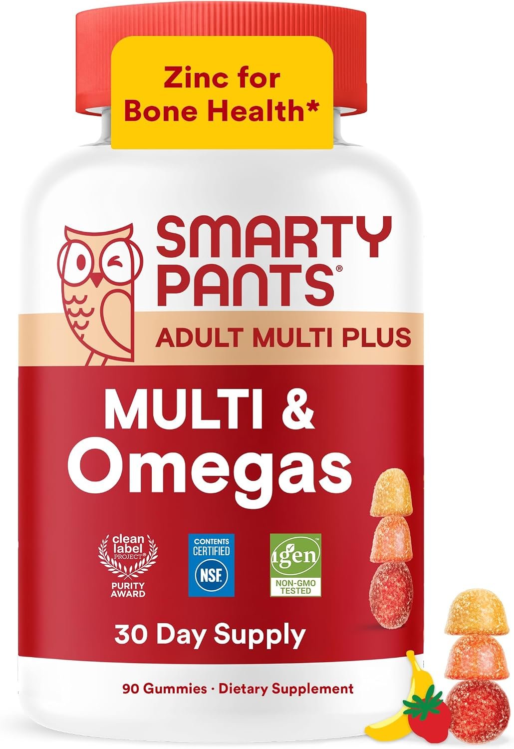 SmartyPants Plus Multi & Omegas Men and Women’s Multivitamin Gummies with Omega 3 DHA/EPA, Vitamin D3, C, B12, B6, A, K, Zinc, Biotin, Clean Label, Three Fruit Flavors, 90 Count (30 Day Supply)