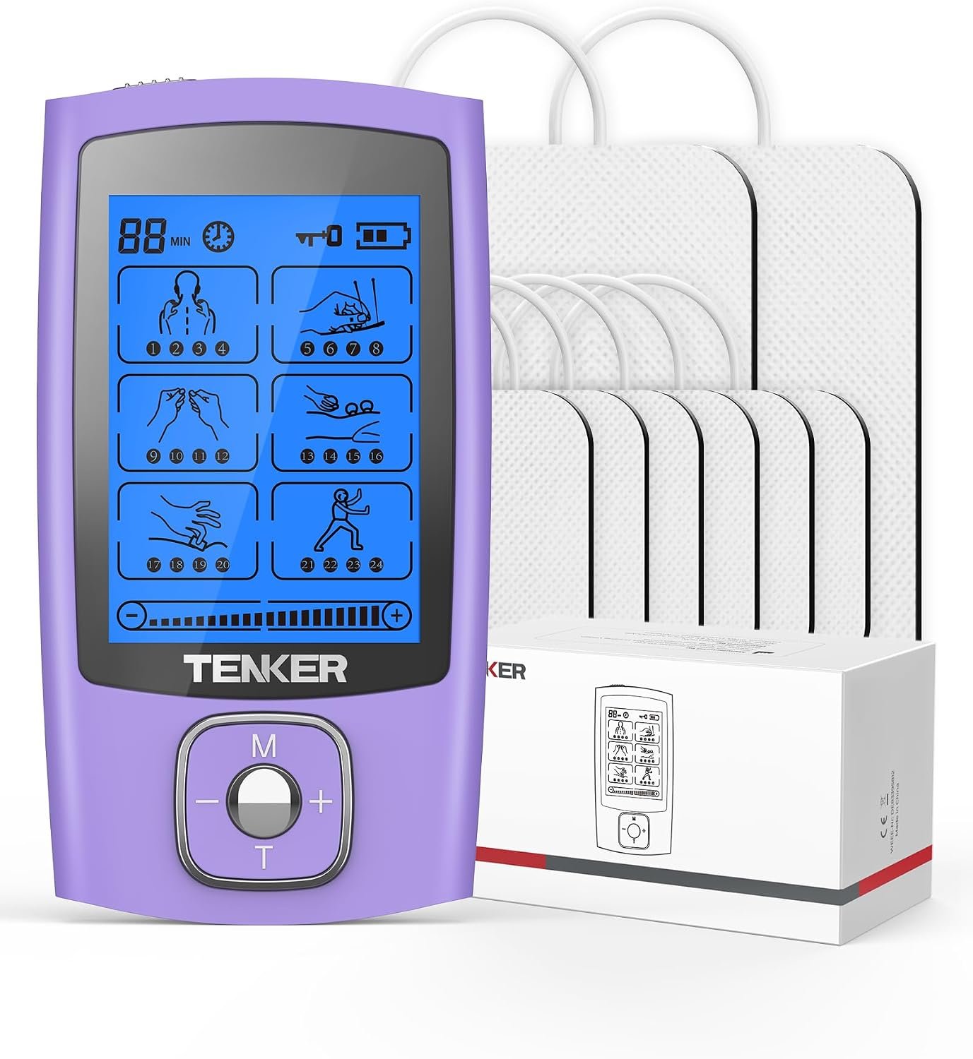 TENKER 24 Modes TENS Unit Muscle Stimulator for Pain Relief, Rechargeable TENS Machine, Drug-Free Pain Relief for Shoulder, Back, Sciatica, Muscle, Physical Therapy, 8pcs 2″ and 2″x4″ Electrode Pads