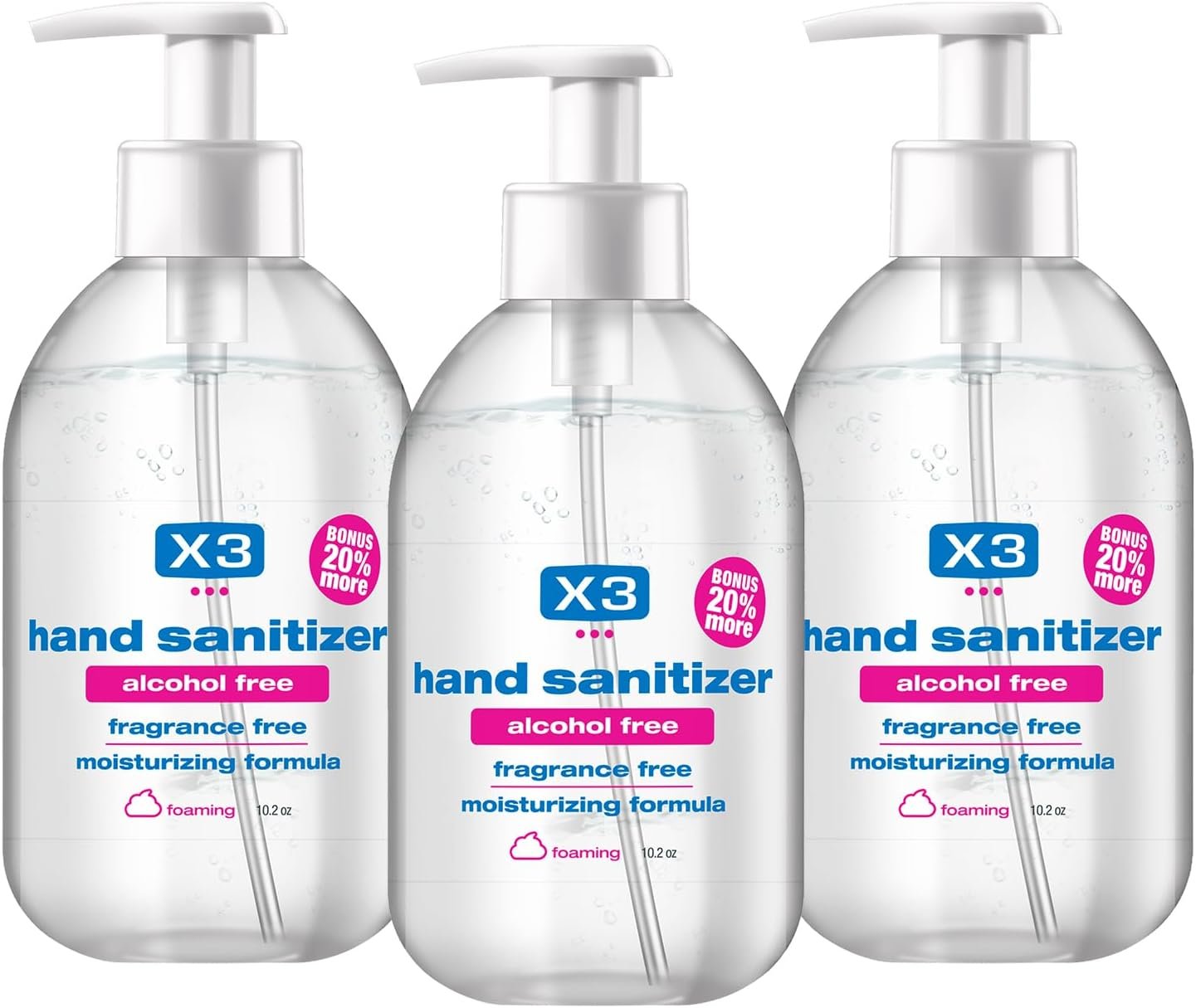 X3 Clean Foaming Hand Sanitizer, Alcohol Free, Fragrance Free, Moisturizing, 10.2 oz Pump Bottles (Pack of 3)