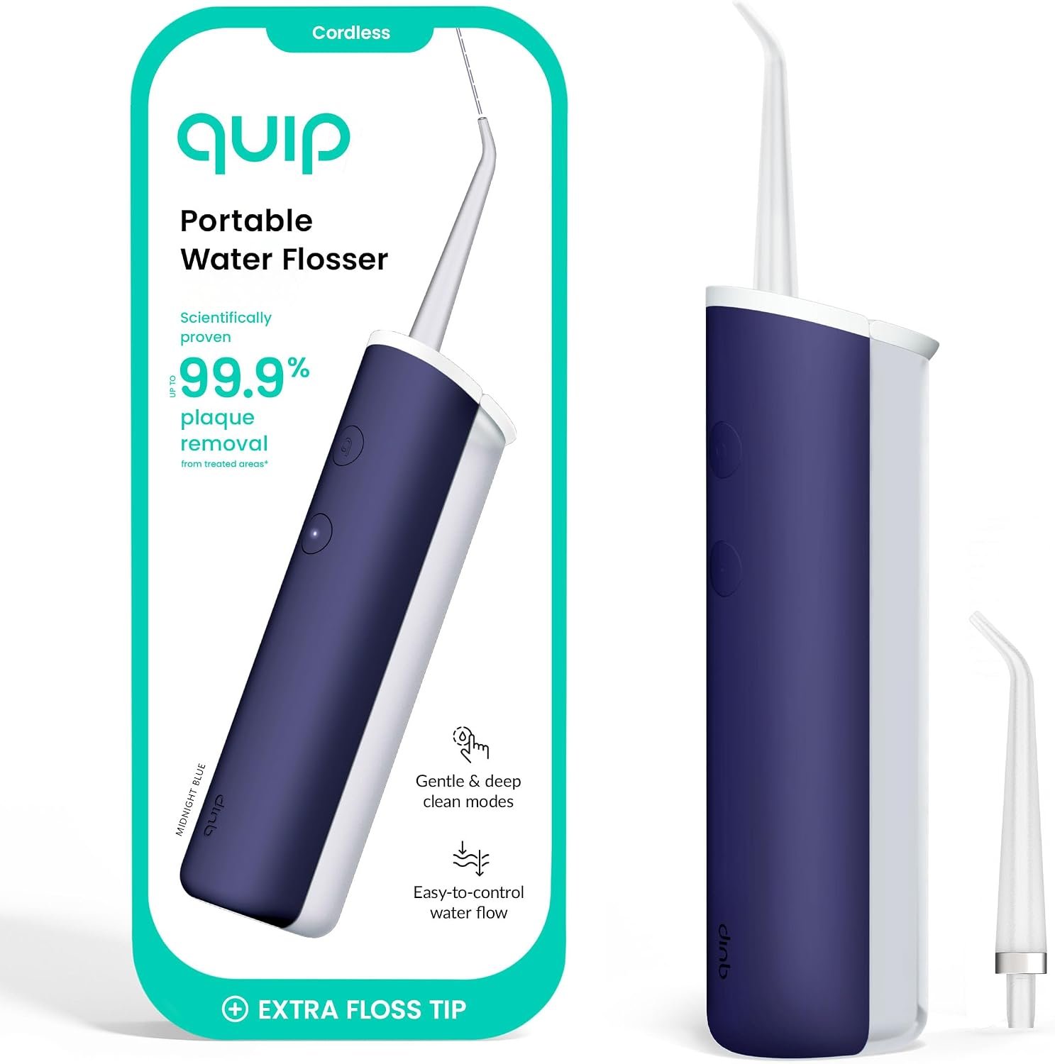 quip Water Flosser with Replacement Tip, Cordless Dental Pick, Midnight