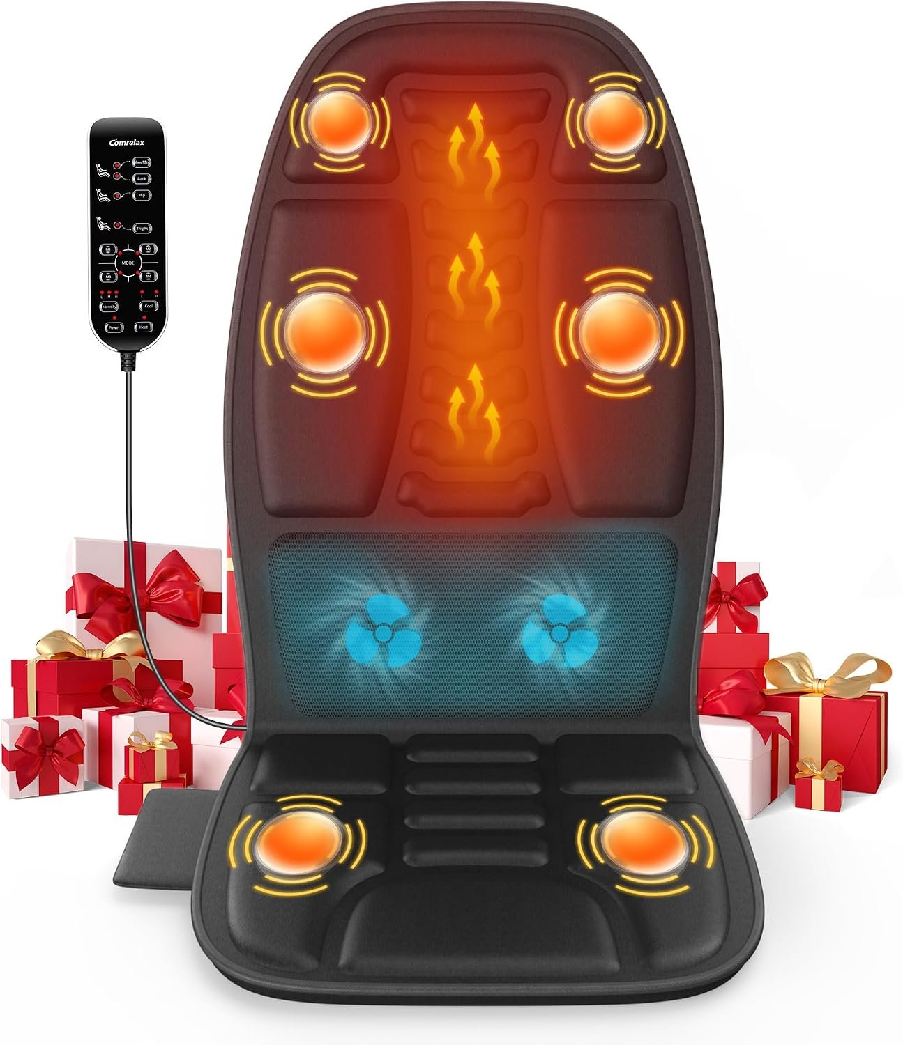 comrelax Massage Seat Cushion with Heat and Cooling Fan, Vibration Back Massager for Chair with 6 Motors, Chair Massager Pad for Office Chair, Sofa and Recliner, Jet-Black