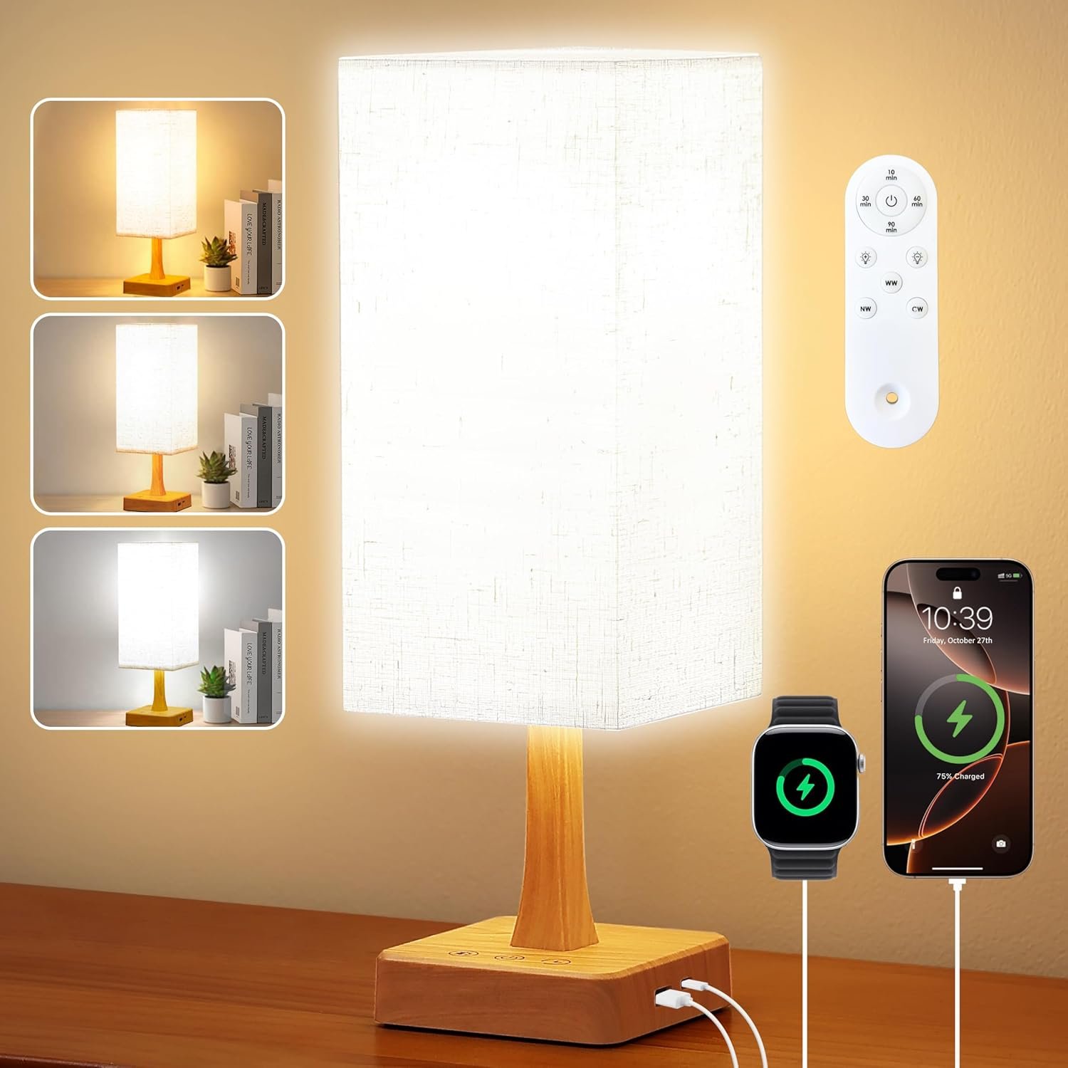 Light Therapy Lamp 10000 Lux Therapy Light with Remote, Upgrade Size, 3 Color Temperatures, 5 Brightness Level Full Spectrum Sunlight Lamp with USB C & A Ports Home/Office Use As Lift Mood, Grain, 24W