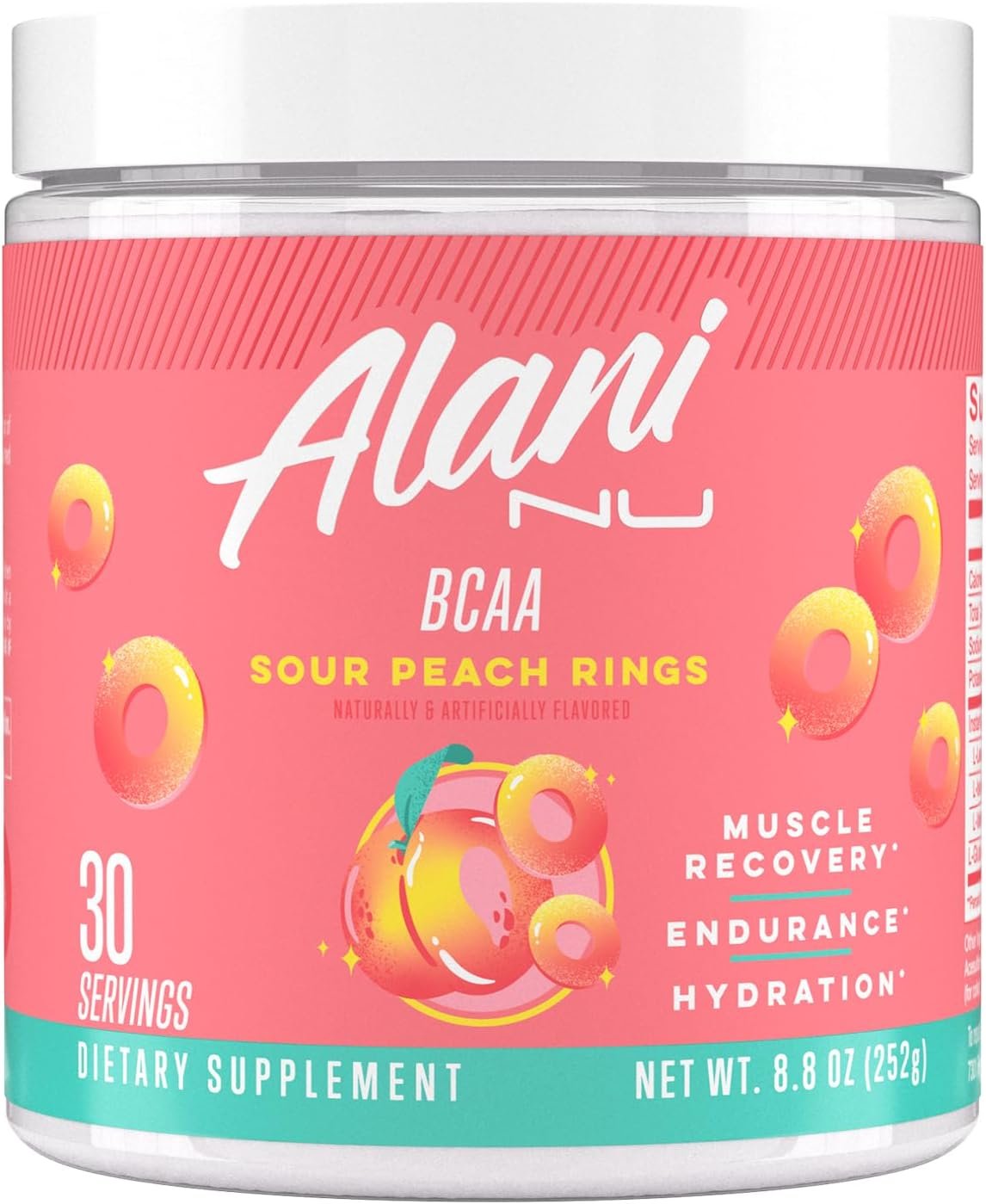 Alani Nu BCAA Sour Peach Ring | Branch Chain Essential Amino Acids | 2:1:1 Formula | Supplement Powder | Muscle Recovery Vitamins for Post-Workout | 30 Servings