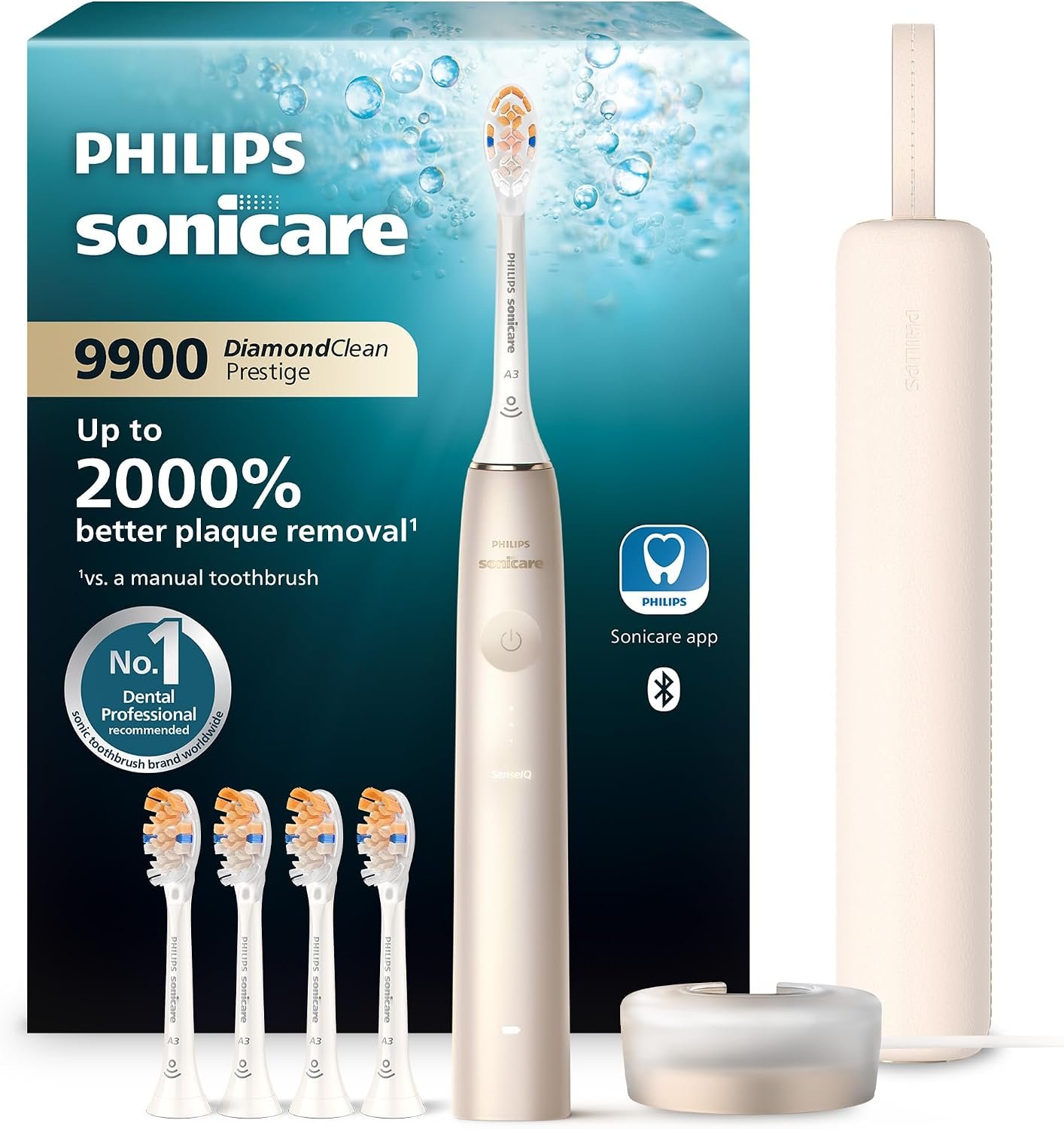 Philips Sonicare 9900 Prestige Electric Toothbrush, 5 Brush Head, Champagne