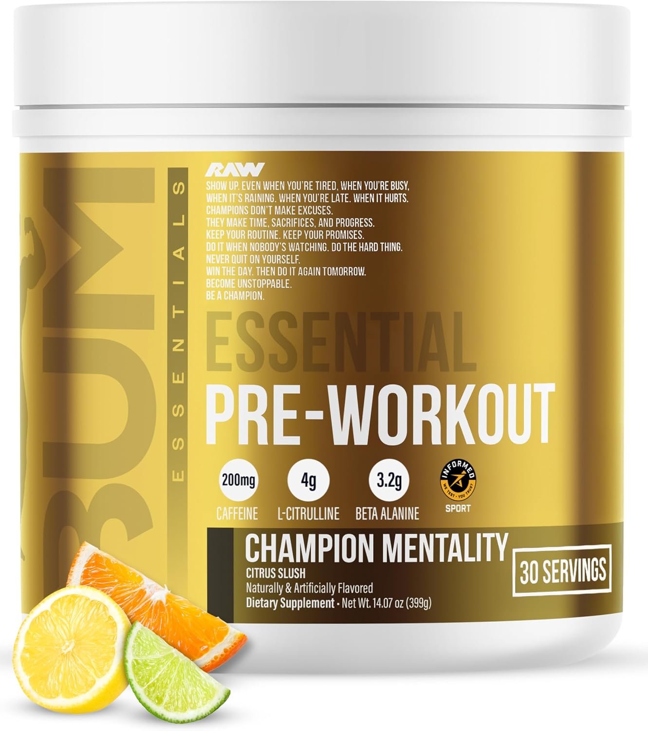 RAW Essential Pre-Workout Powder (Champion Mentality) – Chris Bumstead Sports Nutrition Supplement for Men & Women – Preworkout Energy Powder with Caffeine, L-Citrulline, L-Tyrosine & Beta Alanine