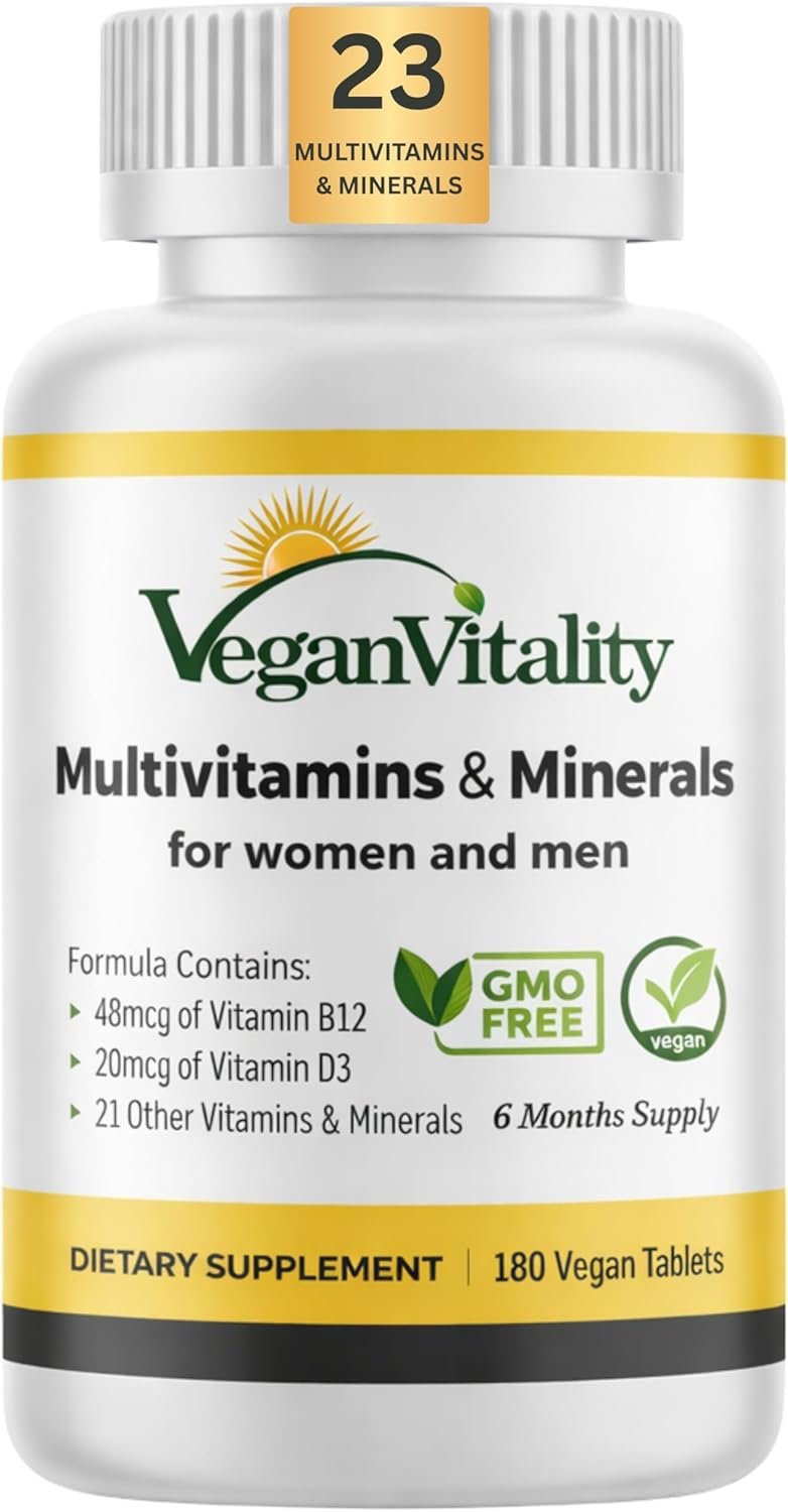 Vegan Vitality Multivitamins & Minerals for Women and Men with High Strength Vitamin B12, D3 & K2. 180 Vegan Multivitamin Tablets – 6 Months Supply. Vitamins for Vegans. Women Multivitamin
