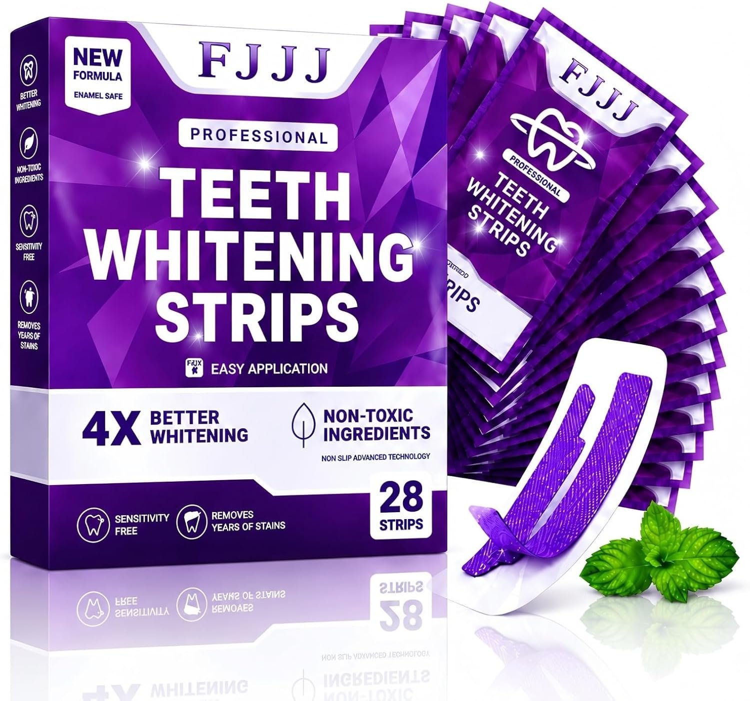 Purple Teeth Whitening Strips,Surface Stain Reduction & Natural Shine,Gentle Teeth Whitening in 30 Minutes,Safely Protects Tooth，Portable for Home or Out Use Non-Slip (28 Strips, Mint)