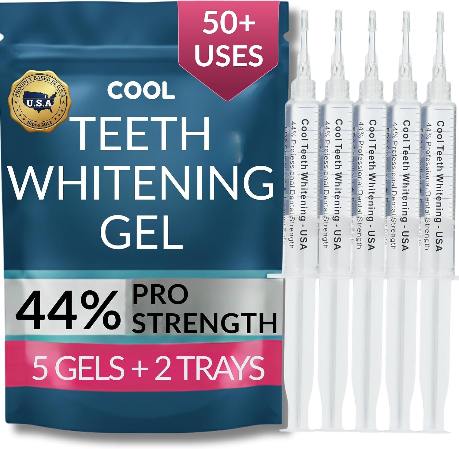 Teeth Whitening Gel with Trays 44% Carbamide Peroxide 5 Syringes – 50+ Uses