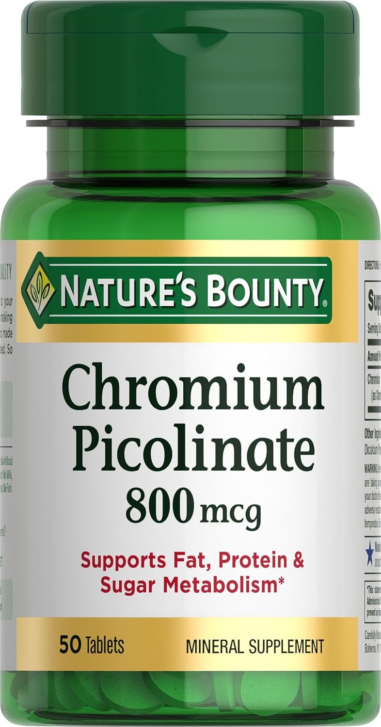 Nature’s Bounty Chromium Picolinate, Supports Fat, Protein & Sugar Metabolism, Mineral Supplement, 800 mcg, 50 Tablets
