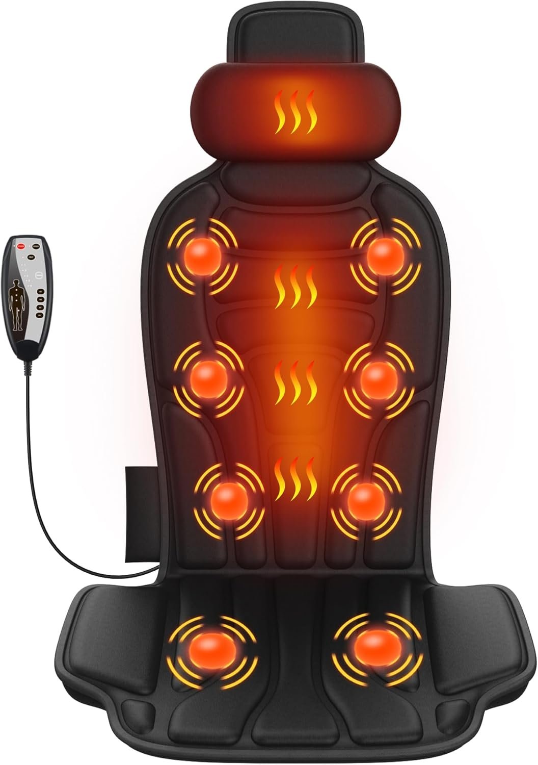 comrelax Back Massager with Heat, 8-Motor Vibration Chair Massage Pad with Heated Neck Pillow, 5 Modes & 2 Heat Levels, for Office Chair, Sofa and Recliner, Midnight