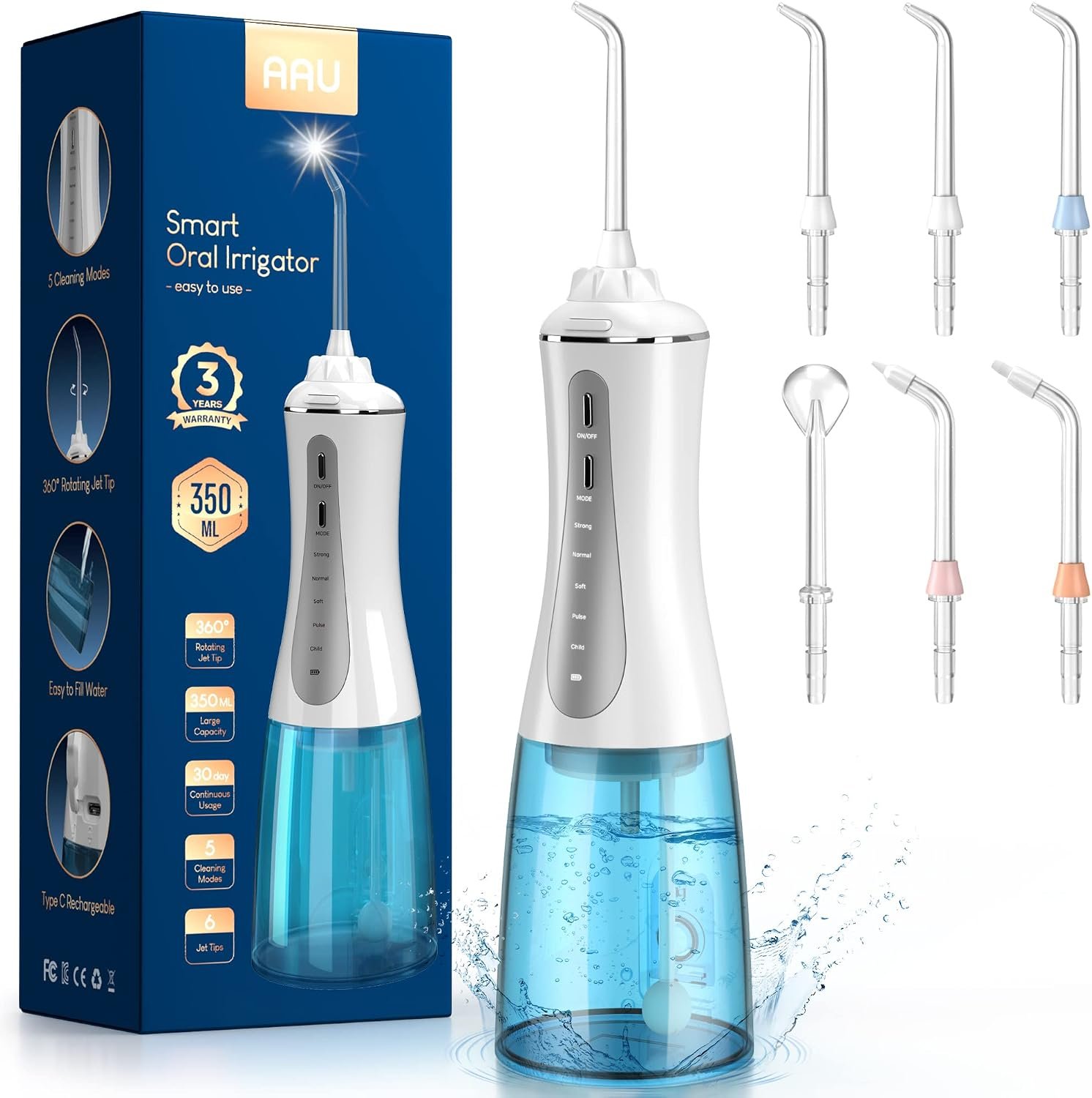 Cordless Water Dental Flosser for Teeth – 350ML Portable and Rechargeable Oral Irrigator with 5 Modes 6 Replaceable Tips – IPX7 Waterproof Powerful Battery Life Picks for Travel Home Use