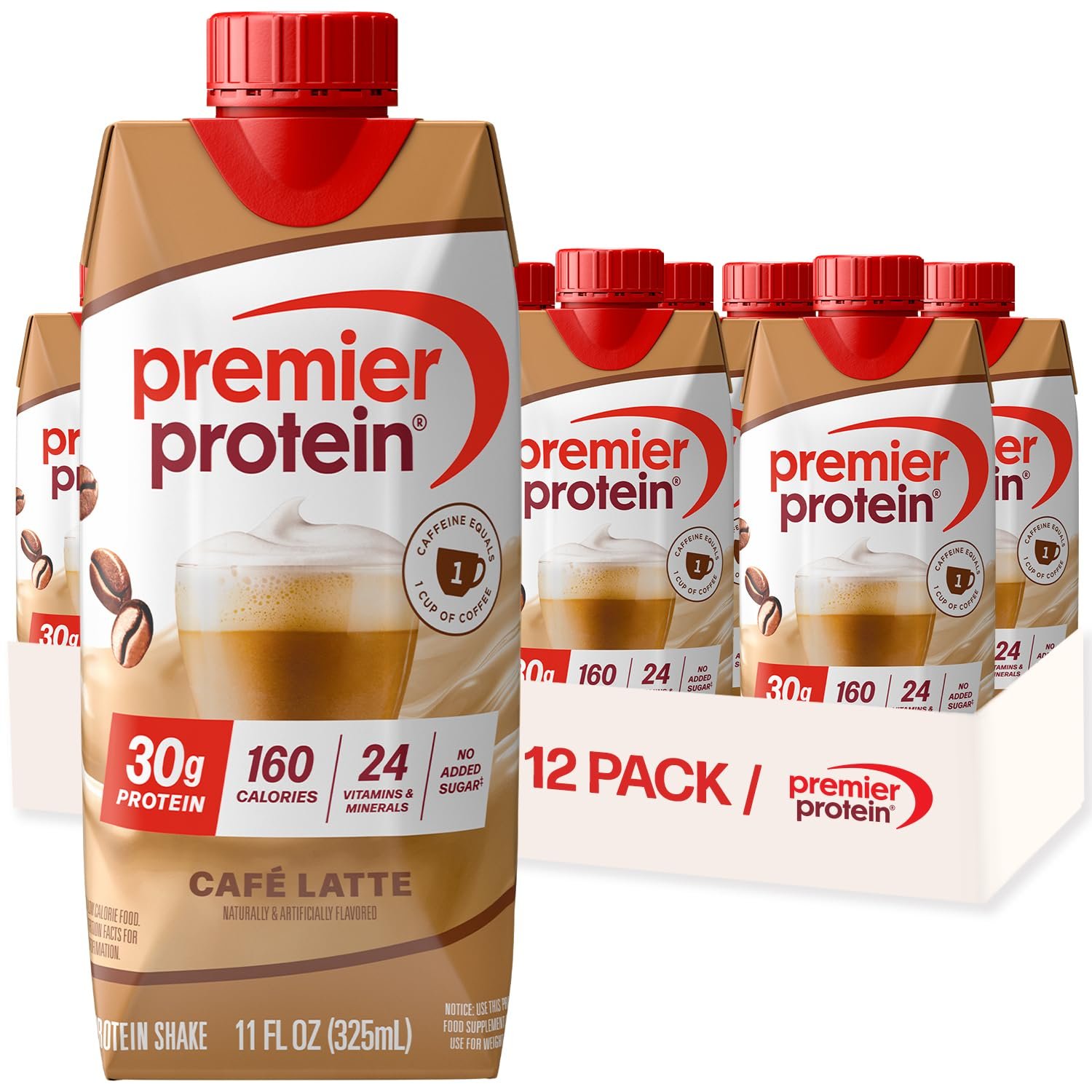 Premier Protein Shake, Liquid, Café Latte with Caffeine, 30g Protein, Bottle, Gluten Free, 11 fl oz, 12 Pack
