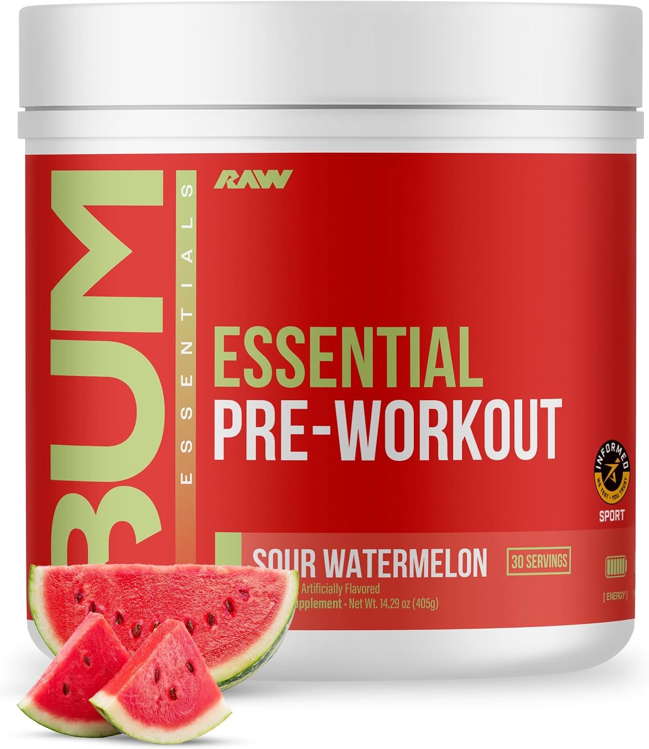 RAW Essential Pre-Workout Powder (Sour Watermelon) – Chris Bumstead Sports Nutrition Supplement for Men & Women – Preworkout Energy Powder with Caffeine, L-Citrulline, L-Tyrosine, & Beta Alanine Blend