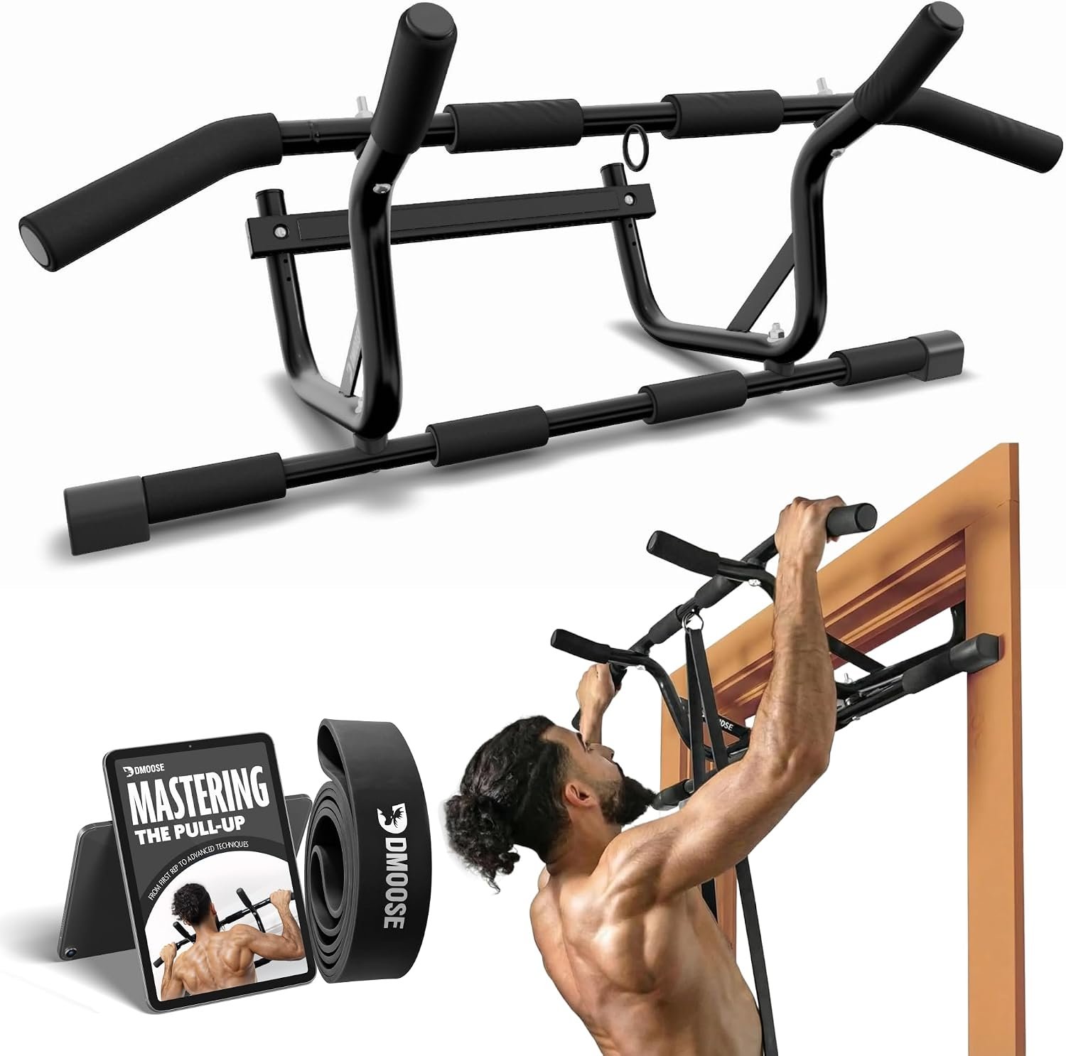 DMoose Fitness Pull Up Bar for Doorway – No Screwing or Slipping, Hanging Pullup & Chin Up Bar for Door Frame – Multi Padded Grips for Strength Training with Installation Guide