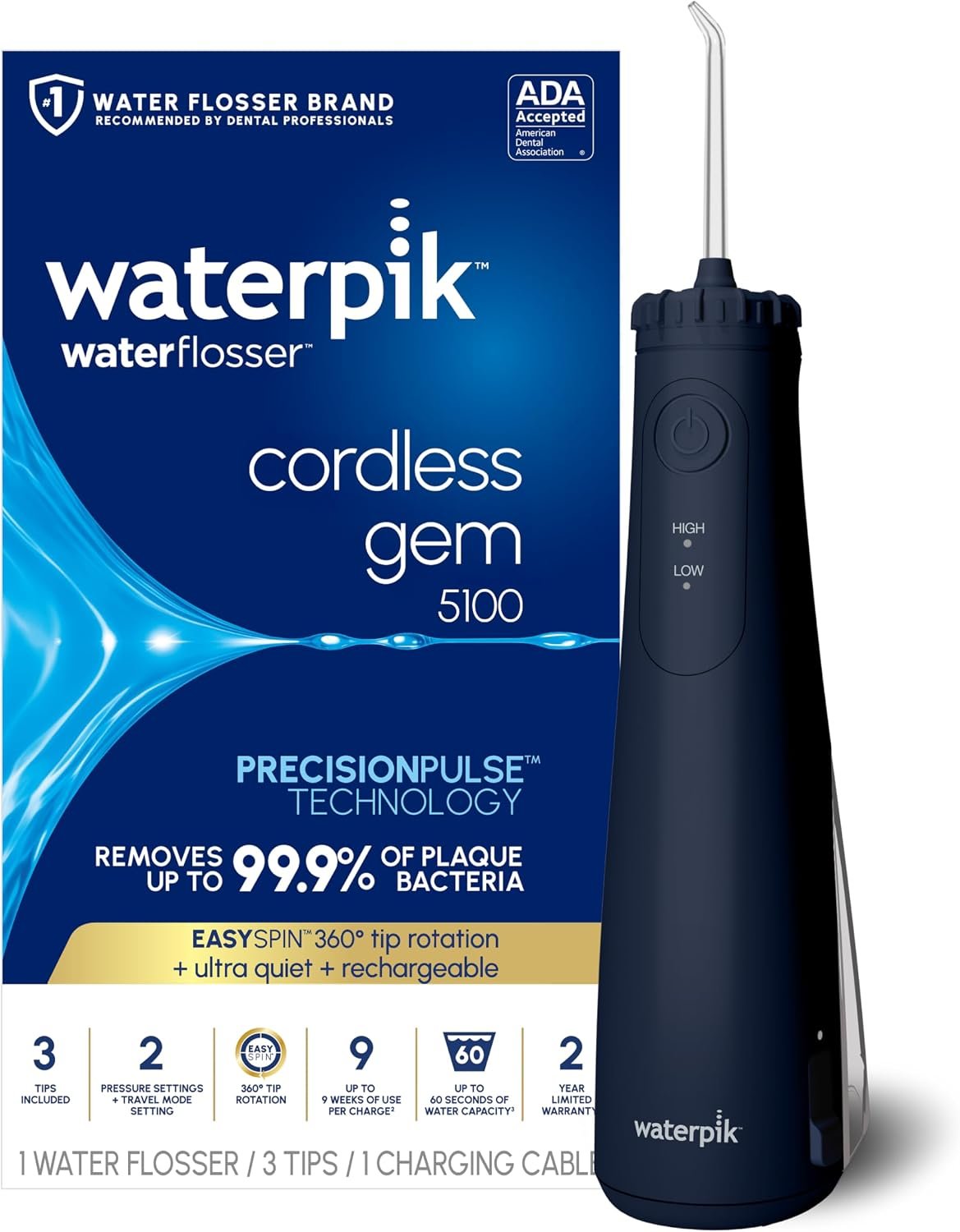 Waterpik Cordless Gem 5100 Portable Water Flosser, Rechargeable, Blue