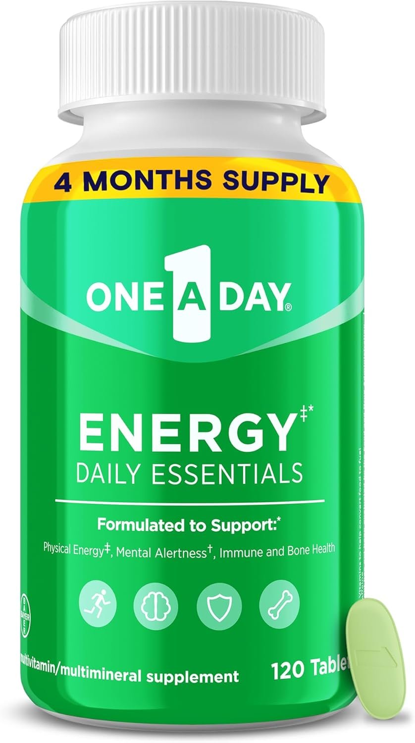 One A Day Energy Daily Essentials Multivitamin, Energy Supplement to Support Mental Alertness and Immune Health with Vitamins A C, D, E, Zinc and Caffeine, 120 Count