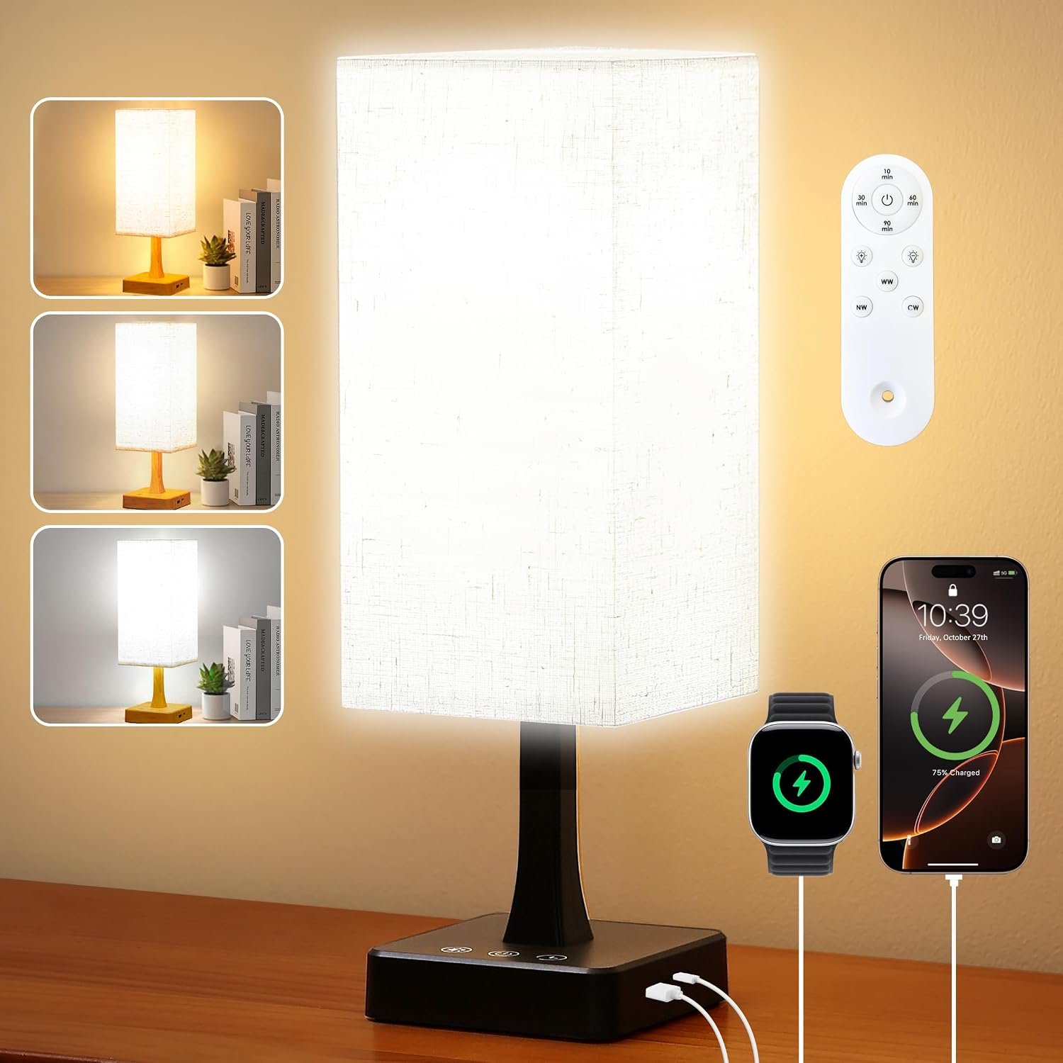 Light Therapy Lamp 10000 Lux Therapy Light with Remote and Touch Control, 3 Color Temperature, 5 Brightness Level Full Spectrum Light with USB C & A Ports Home/Office Use As Lift Mood, Black, 24W