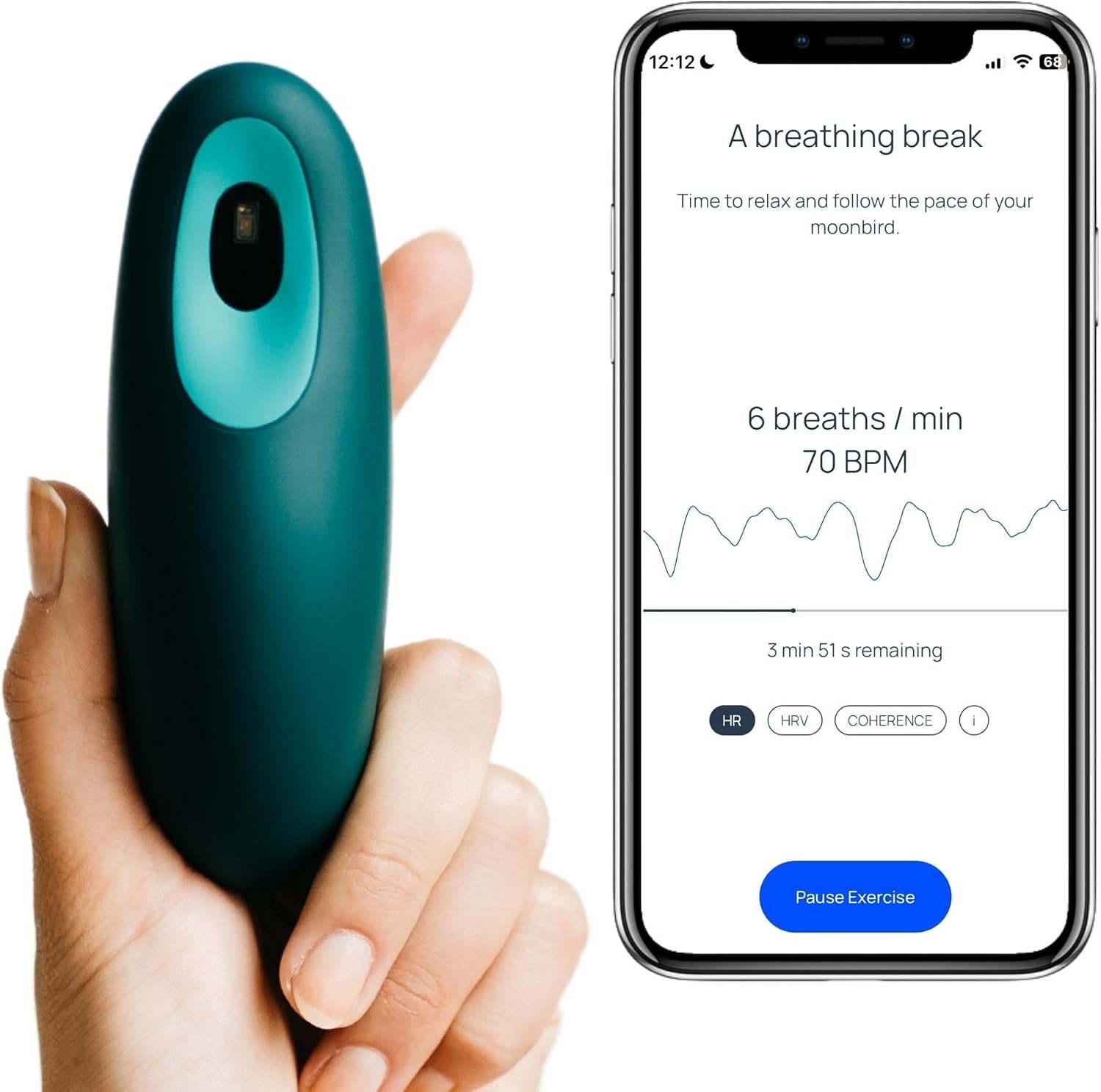 Moonbird Breathing Tool for Relaxation & Sleep Support – Guided Breathwork for Calm, Meditation & Stress Support – Portable & Rechargeable – Blue Green