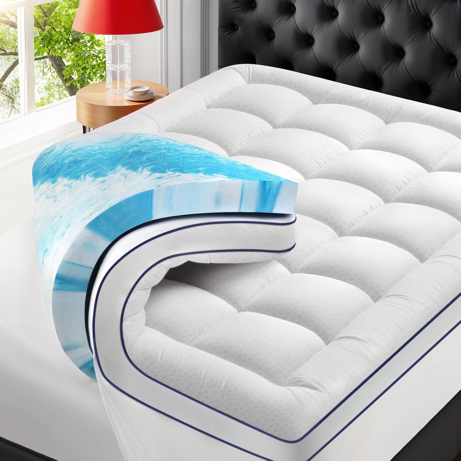 Premium Dual Layer 4 Inch Memory Foam Mattress Topper, 2 Inch Gel Memory Foam and 2 Inch Pillow Top Mattress Pad Cover for Back Pain, Extra Thick Comfort Support（Queen 60″x80″）
