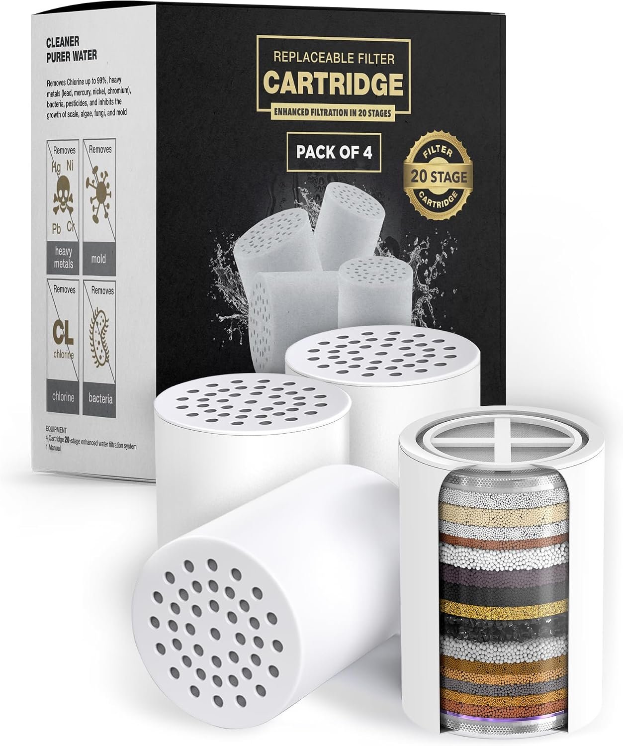 AquaHomeGroup 20 – Stage Replacement Premium Filter Cartridge 4-pack (No Housing), Compatible with Any Shower Filter of Similar Design 15 and 20 stages