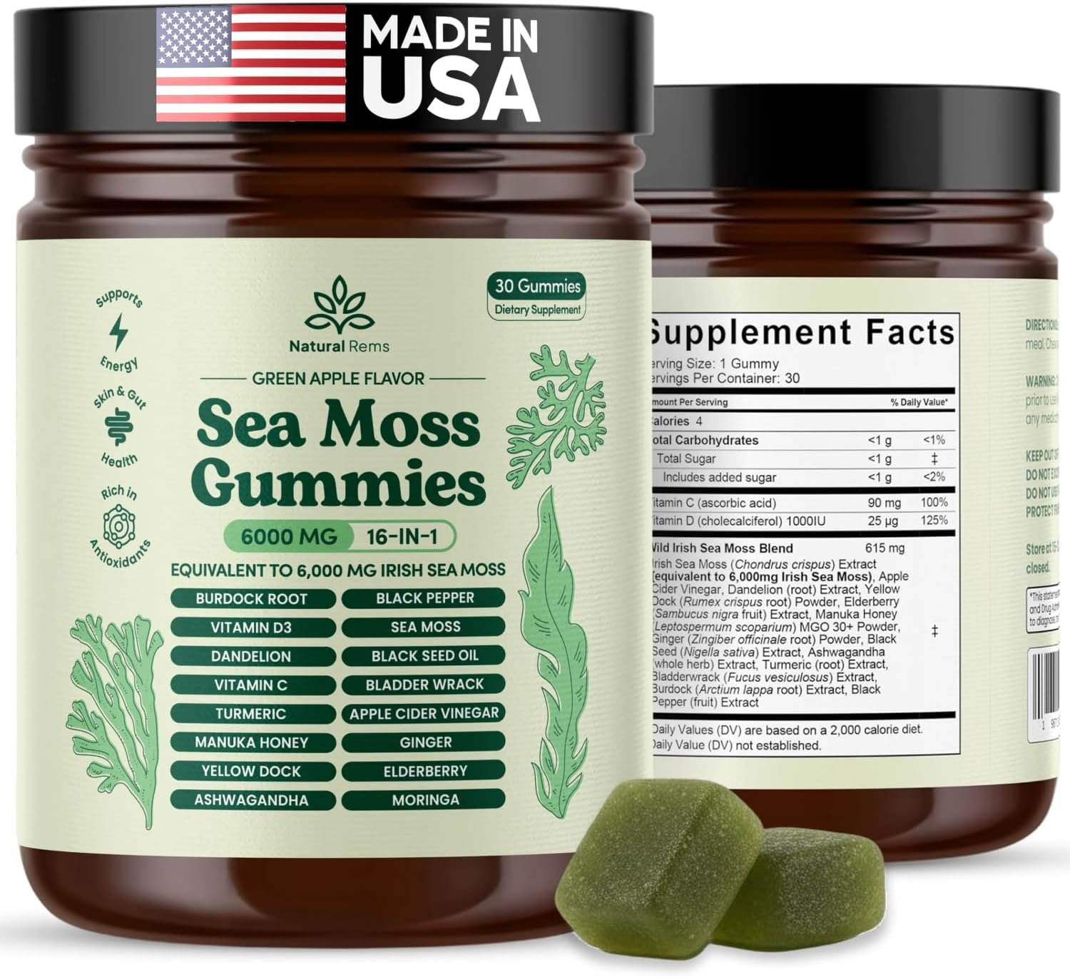 Natural Rems Sea Moss Gummies 16-in-1 – Ashwagandha Black Seed Oil Bladder Wrack Turmeric Vitamin C & D3 with Manuka Burdock Root Dandelion Yellow Dock Elderberry Apple Cider Vinegar (Green Apple)