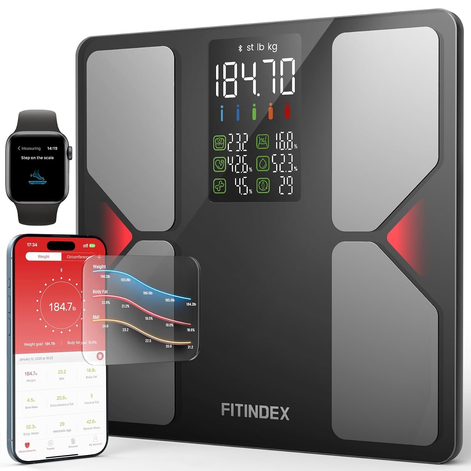 FITINDEX Smart Scale for Body Weight, Body Fat, Bmi, 7-in-1 Display, 500Ibs