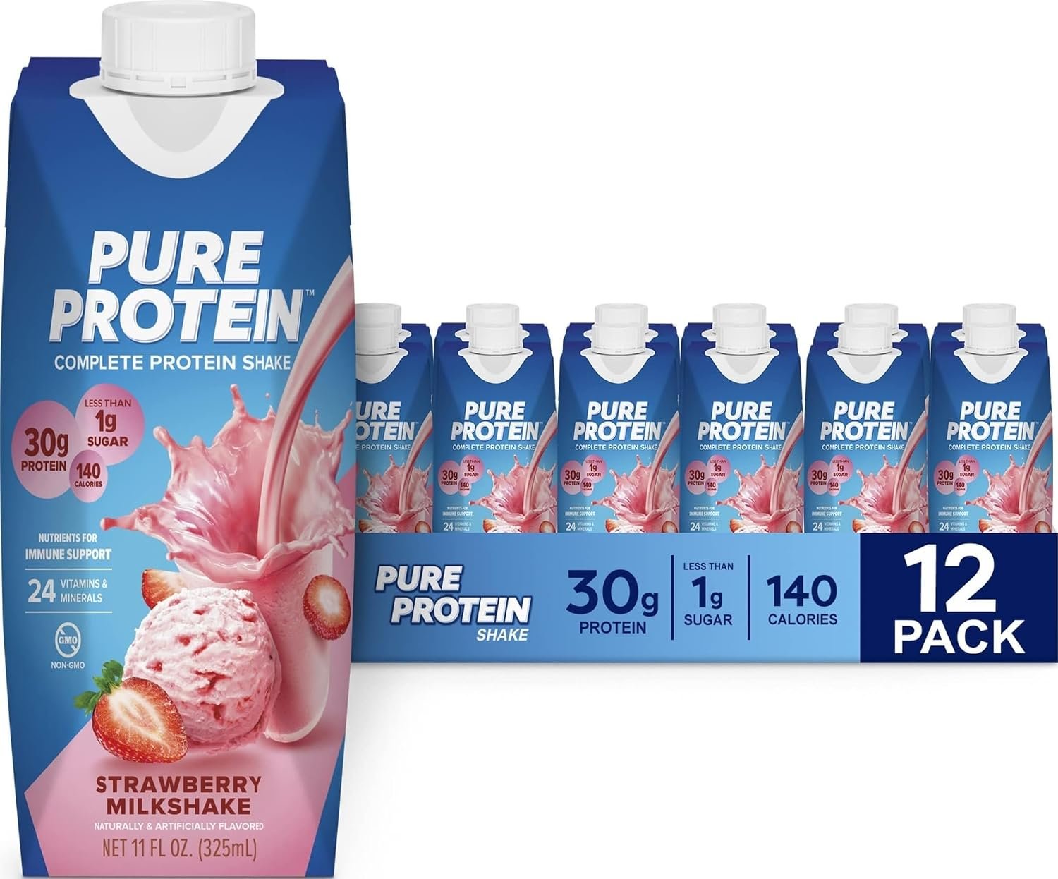 Pure Protein Strawberry Protein Shake, 30g Complete Protein, Ready to Drink and Keto-Friendly, Vitamins A, C, D, and E plus Zinc to Support Immune Health, 11oz Bottles, 12 Pack