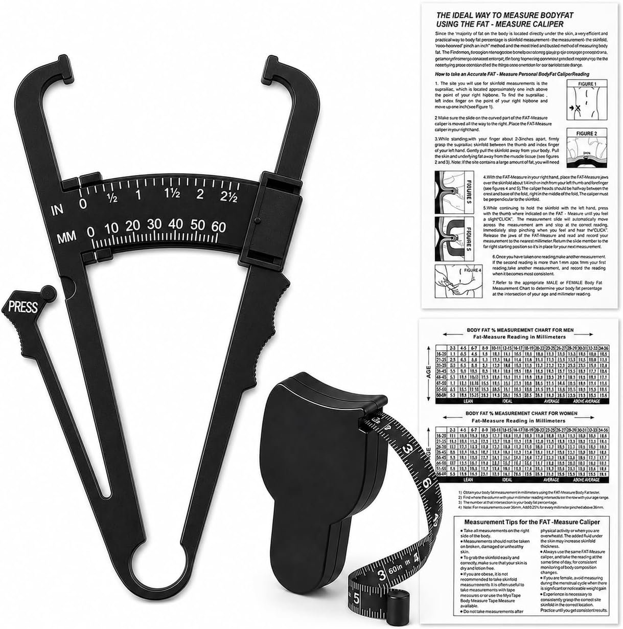 Body Fat Caliper and Body Tape Measure Set, 60 Inch, Black