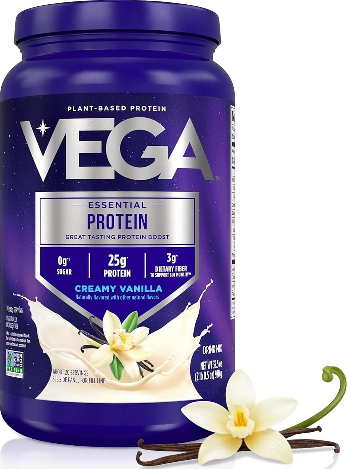 Vega Essential Protein – 25g Vegan Protein Powder, Creamy Vanilla, Dairy-Free Vanilla Shake – Large Tub, 32.5oz (20 Servings)