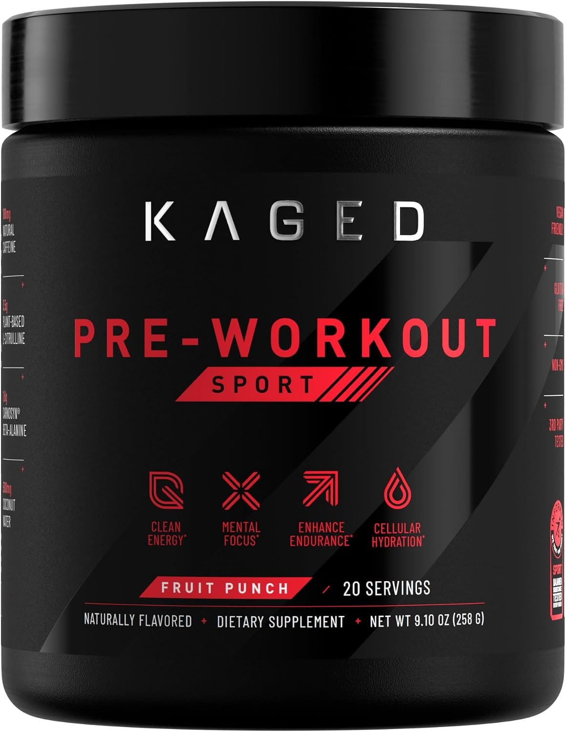 Kaged Sport Pre Workout Powder for Men & Women, Fruit Punch, Sport Certified, 188mg Caffeine, Nitric Oxide Supplement, Beta Alanine for Energy, Weightlifting, Cardio Endurance & Strength, 20 Servings
