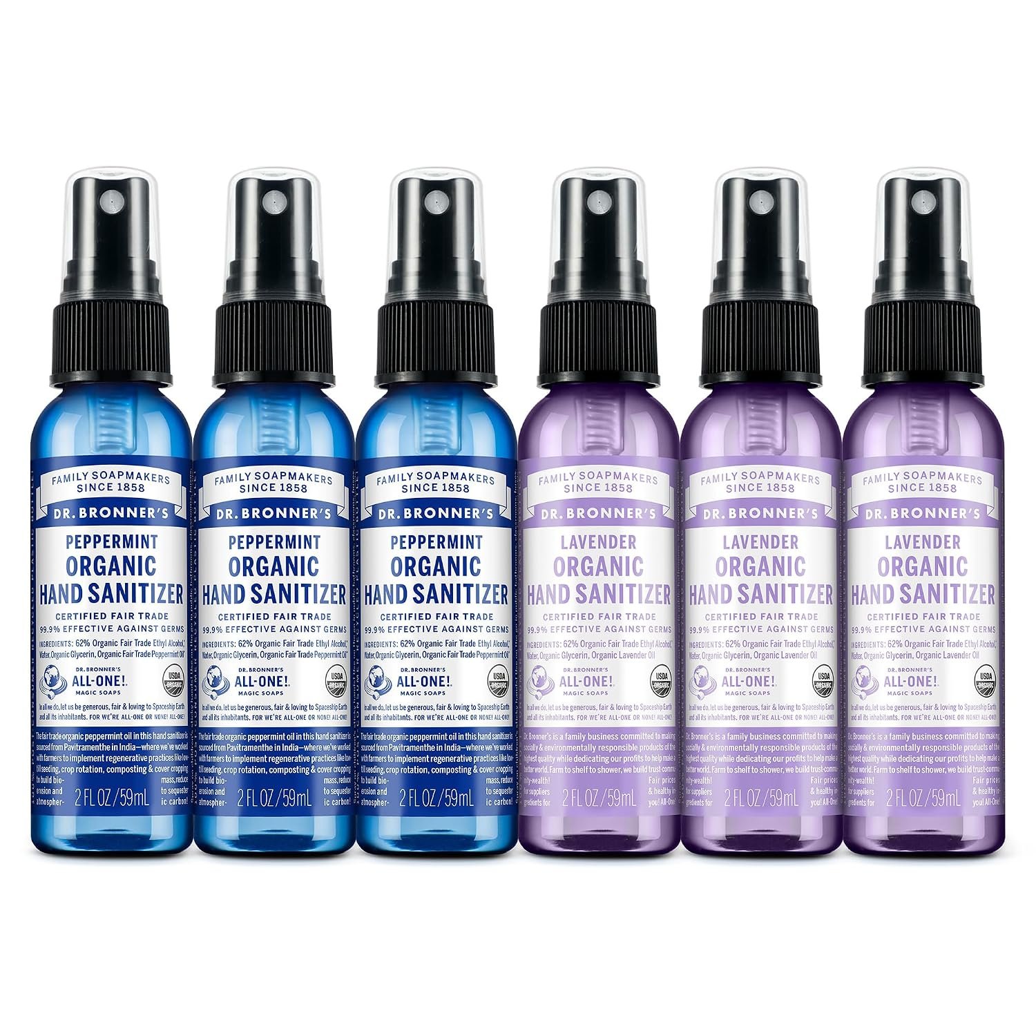 Dr. Bronner’s Organic Hand Sanitizer Spray Variety Pack Travel Size Bulk, Simple & Effective Formula, Scented, No Harsh Chemicals – Lavender & Peppermint, 2oz (6-Pack)