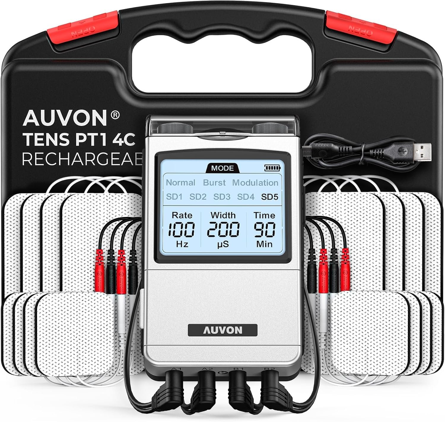 AUVON 4-Channel Digital TENS Unit Muscle Stimulator, Customizable 8 Modes