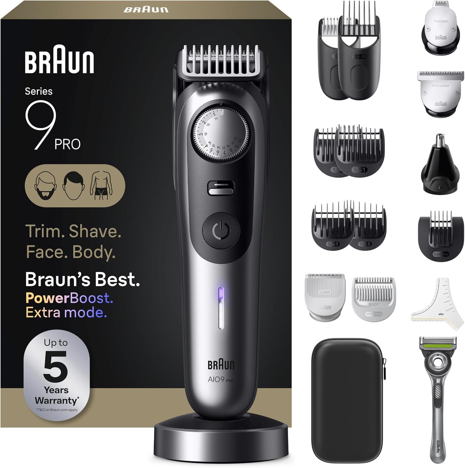 Braun All-in-One Series 9 PRO Men’s Electric Beard Trimmer, Hair Clipper, Shaver & Razor for Face, Hair & Body, AIO 9570 with Gillette Labs Razor, Cordless