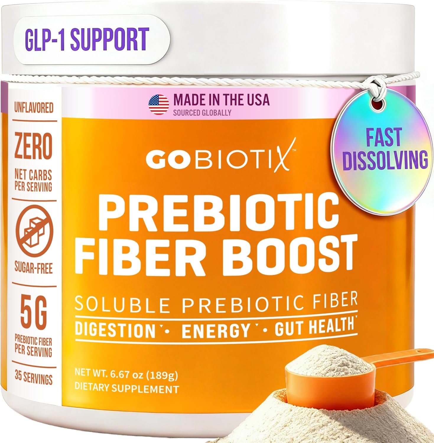 GOBIOTIX Fiber Supplement Powder with Prebiotics for Digestive Health and GLP-1 Support, Soluble Fiber for Gut Health & Debloat, Keto, Vegan, Gluten & Sugar Free, 35 Servings (1 Pack)