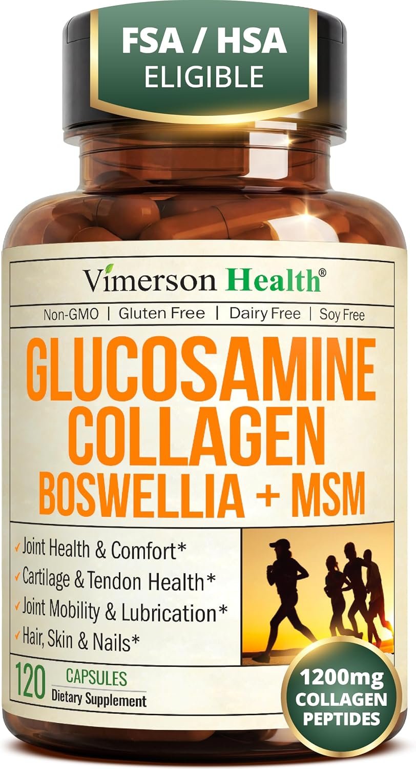 Glucosamine Chondroitin with 1200mg Hydrolyzed Collagen Peptides, Boswellia Extract, Quercetin, Bromelain, MSM – Hair Skin Nails and Joint Supplement for Women & Men – FSA Eligible 120 Capsules
