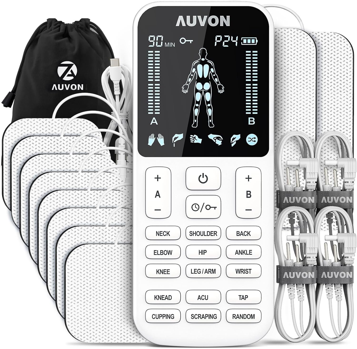 AUVON 4 Outputs TENS Unit Muscle Stimulator with 24 Modes & Intuitive Operation Design, FSA & HSA Eligible, TENS Machine with 10 TENS Pads, Electronic Pulse Massager for Back Pain Relief Therapy