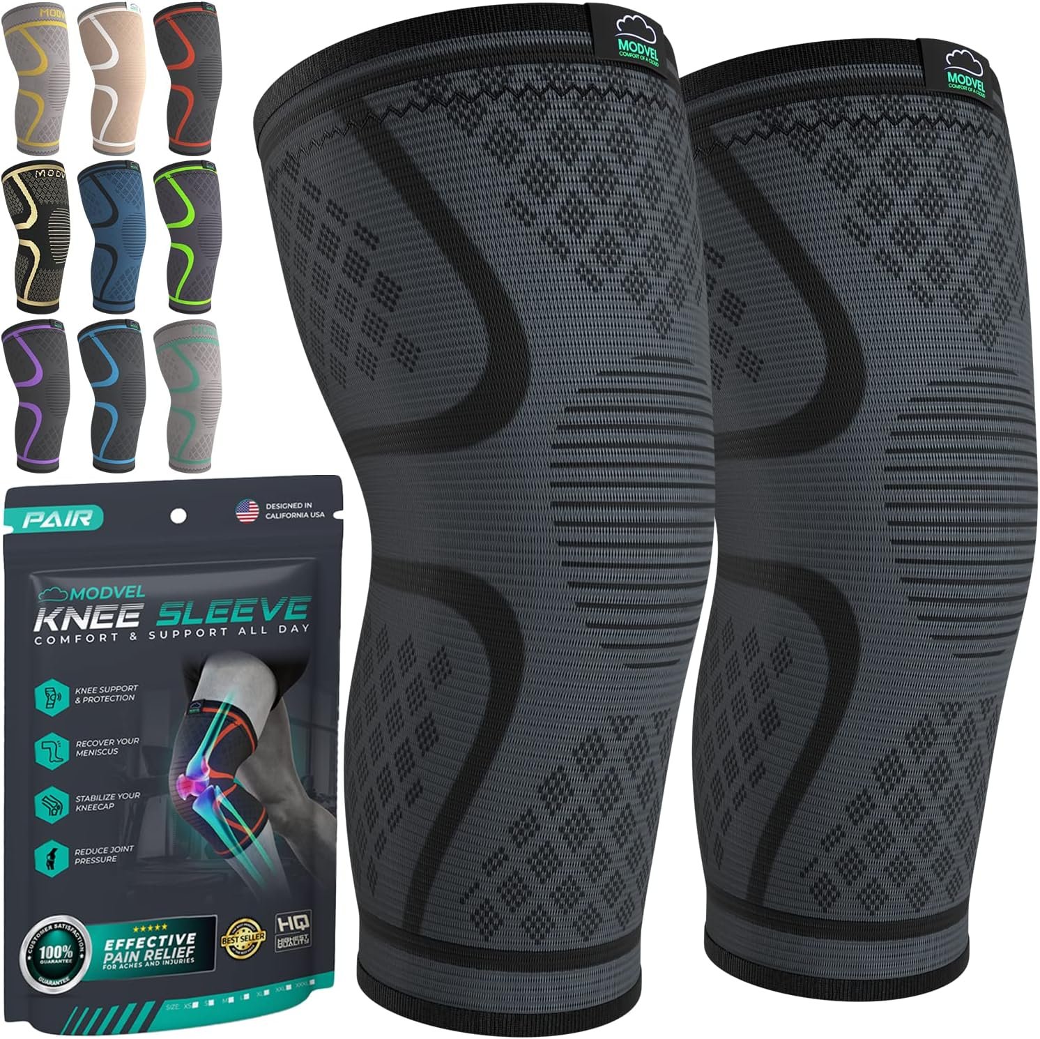 Modvel Compression Knee Brace for Women & Men – 2 Pack Knee Brace for Women Running Knee Pain, Knee Support Compression Sleeve, Workout Sports Knee Braces for Meniscus Tear ACL & Arthritis Pain Relief