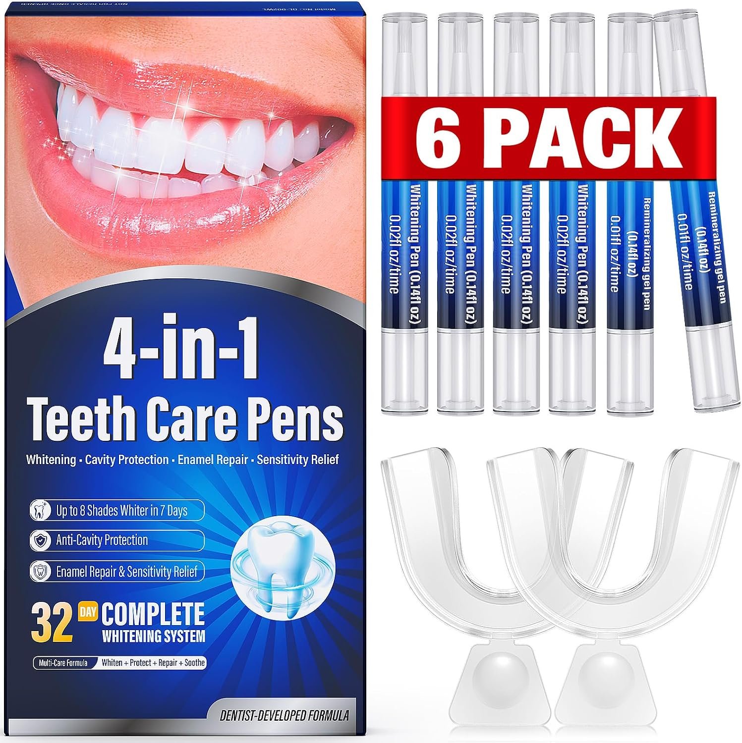 Teeth Whitening Pen Kit – 35% Carbamide Peroxide, Stain Removal, 4 Whitening Pens + 2 Remineralizing Pens, Enamel Repair, Anti-Cavity, Sensitive Teeth Care, 6 x 0.14 fl oz(Mint)