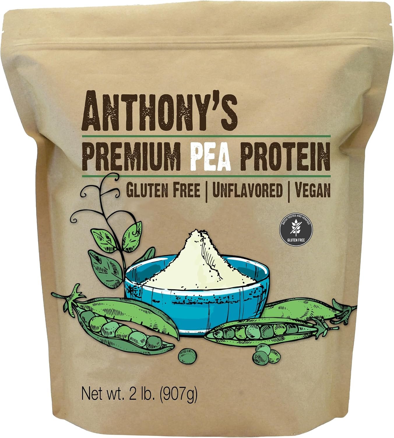 Anthony’s Premium Pea Protein, 2 lb, Plant Based, Gluten Free, Unflavored, Vegan, Keto Friendly, Made from Peas