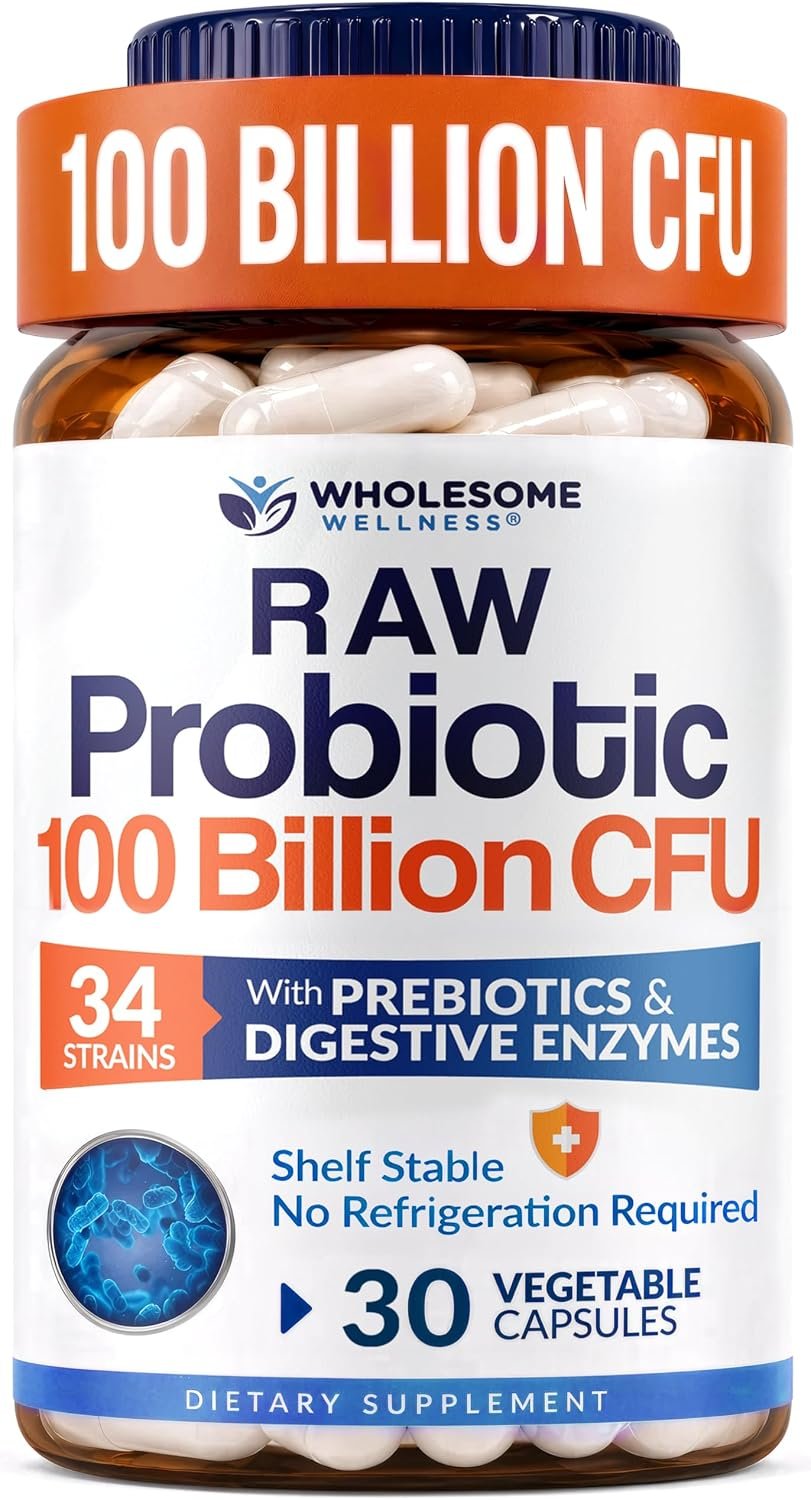 Wholesome Wellness Organic Raw Probiotics 100 Billion CFU, Dr Formulated for Women and Men, Complete Adult Supplement with Prebiotics, Probiotics and Digestive Enzymes; 30 Capsules