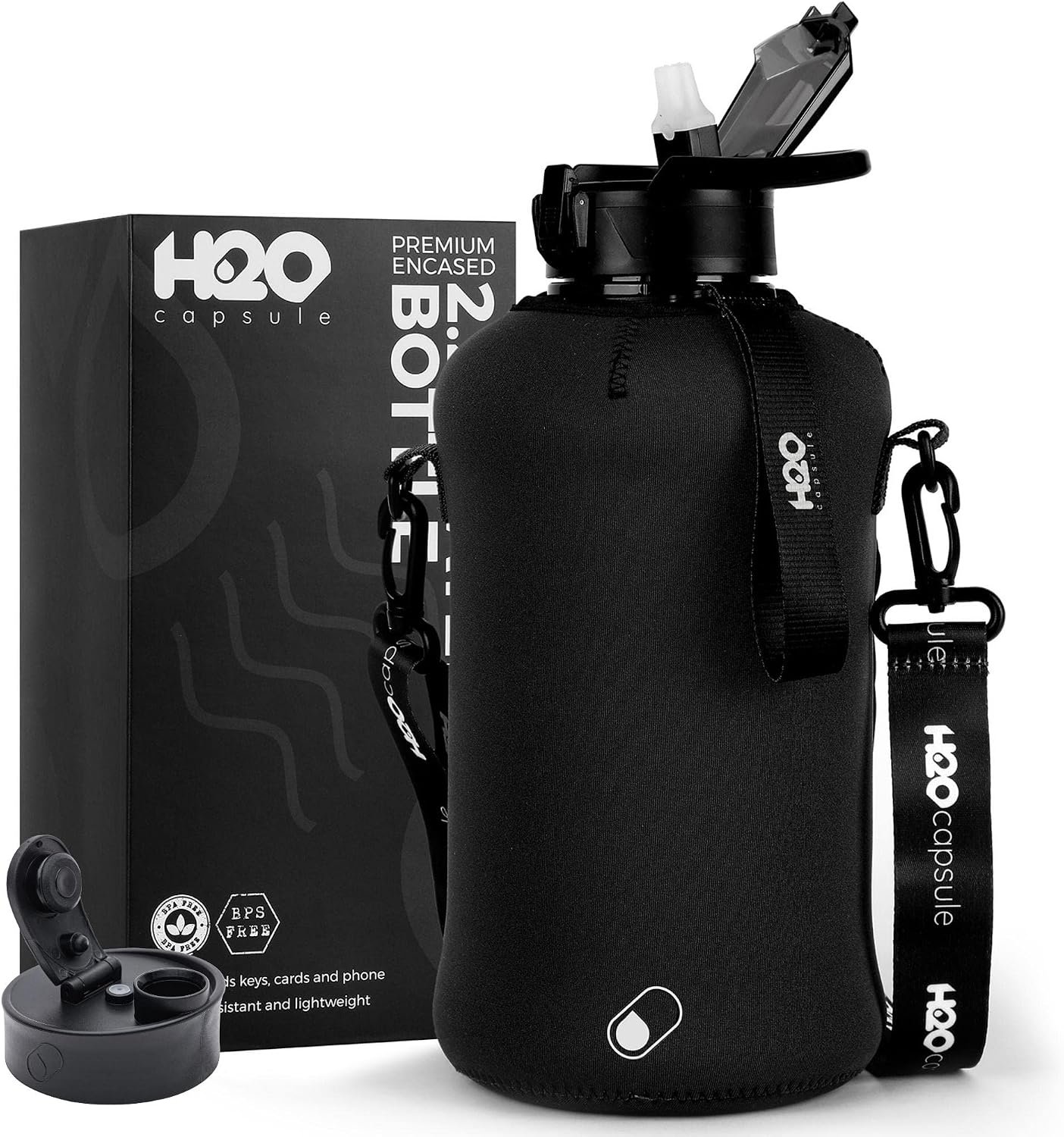 H2O Capsule 2.2L Half Gallon Water Bottle with Storage Sleeve and Covered Straw Lid – BPA Free Large Reusable Drink Container with Handle – Big Sports Jug, 2.2 Liter (74 Ounce)