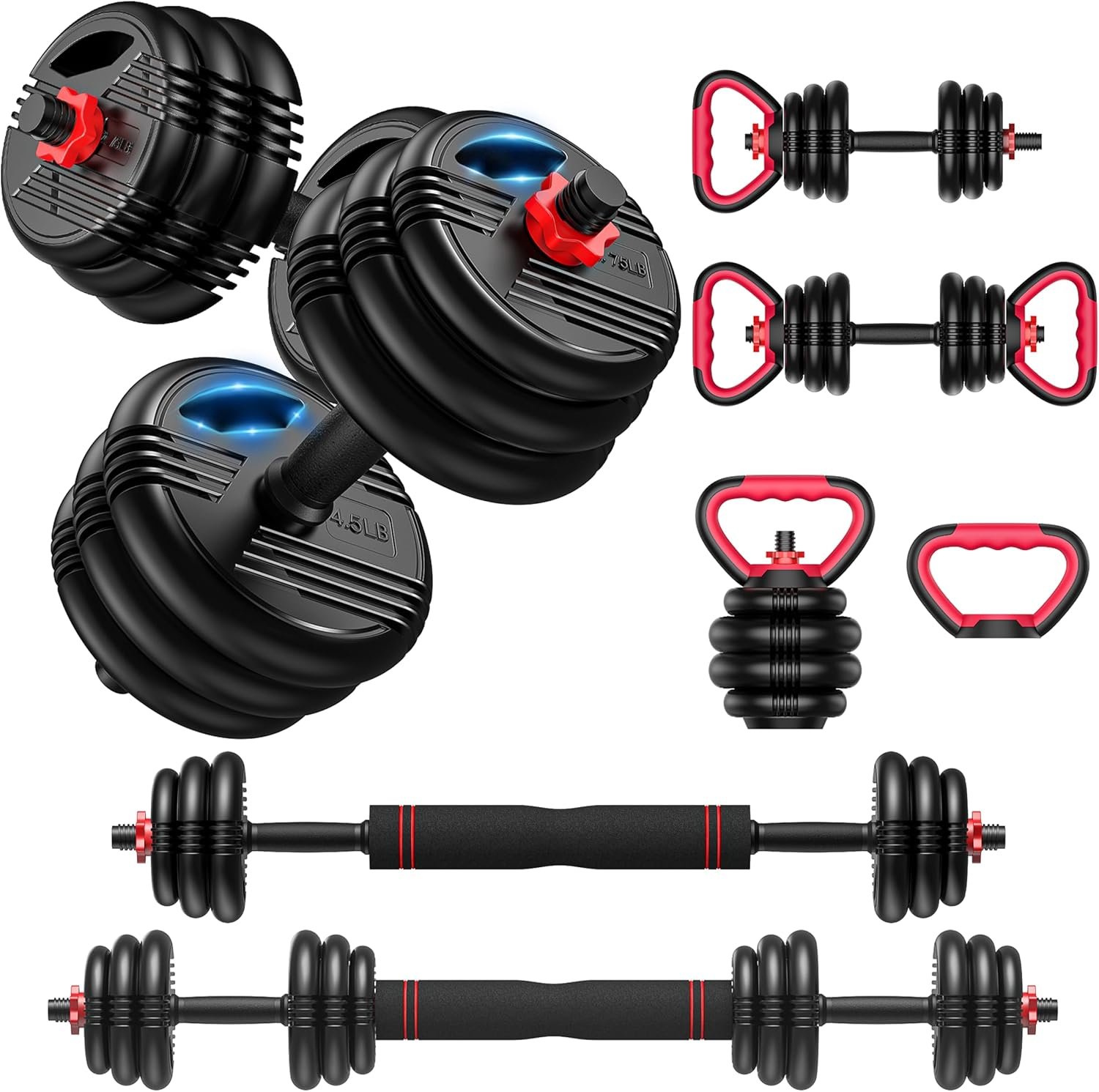 5-in-1 Adjustable Dumbbell Set, Barbell & Kettlebell for Home Gym
