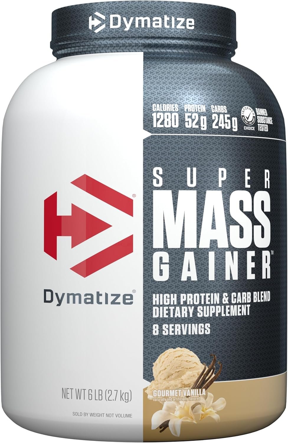 Dymatize Super Mass Gainer Protein Powder, Gourmet Vanilla, 52g Protein, 1g Creatine, 1280 Calories, 10.7g BCAAs, 245g Carbs, Contains Whey Protein Powder, Isolate, and Casein (8 Servings)