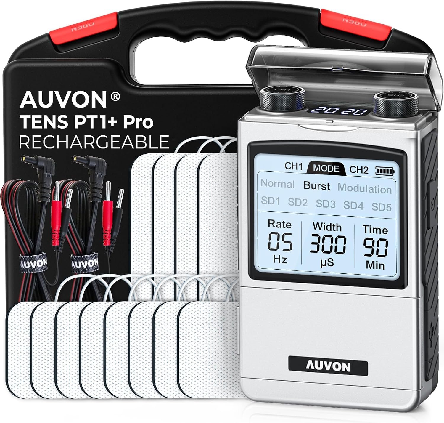 AUVON Rechargeable Digital TENS Unit Muscle Stimulator, Customizable 8-Mode