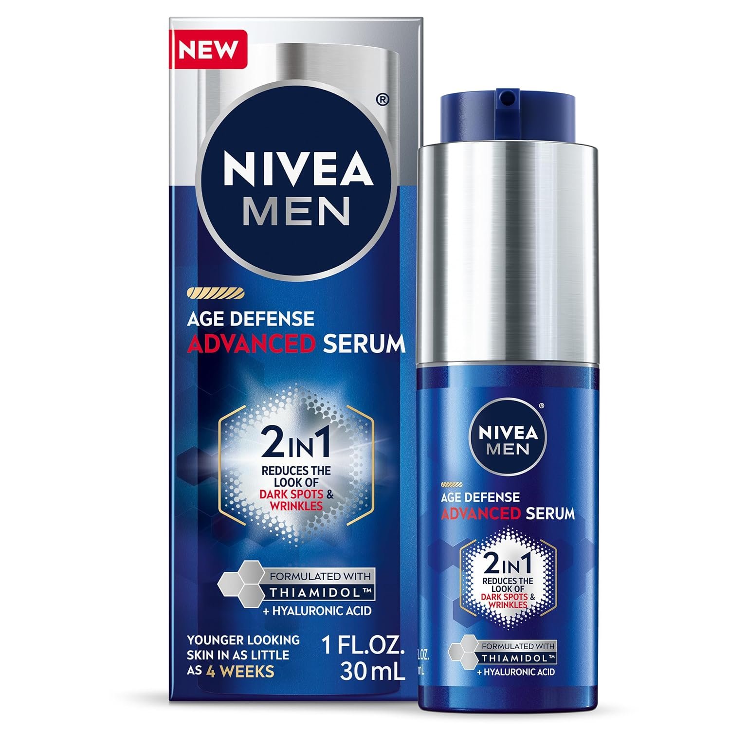 NIVEA MEN Age Defense Advanced Face Serum for Dark Spots with Thiamidol (TM) + Hyaluronic Acid, Fast-Absorbing Face Serum for Men Helps Reduce Look of Dark Spots, Fine Lines & Wrinkles, 1 Fl Oz Bottle