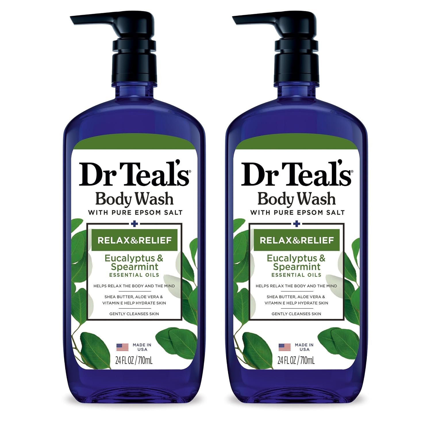 Dr Teal’s Body Wash with Pure Epsom Salt, Relax & Relief with Eucalyptus & Spearmint, 24 fl oz (Pack of 2)