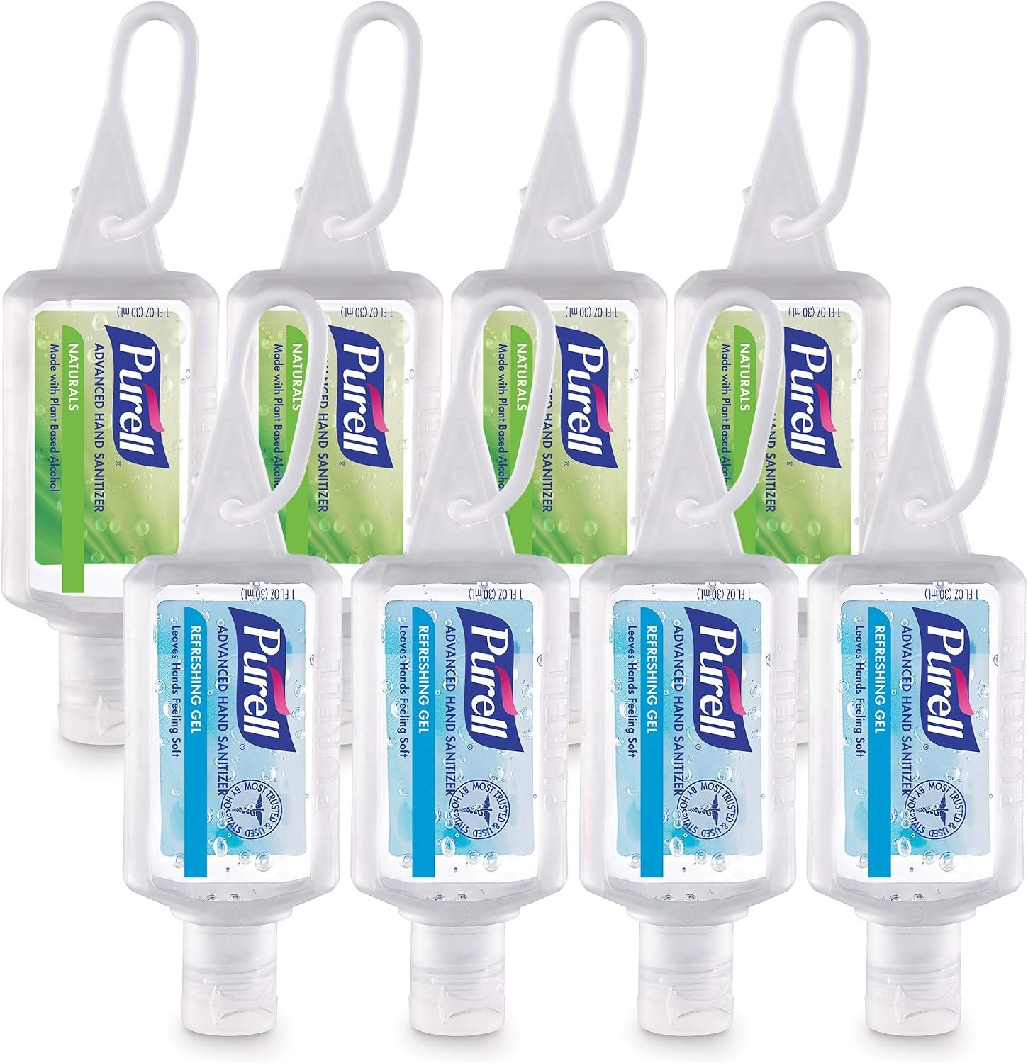 Purell Advanced Hand Sanitizer Variety Pack, Naturals and Refreshing Gel, 1 Fl Oz Travel Size Flip-Cap Bottle with Jelly Wrap Carrier (Pack of 8) – 3900-09-ECSC